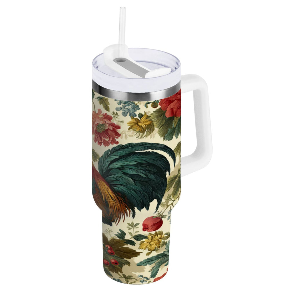 40 oz Insulated Stainless Steel Tumbler Double Wall Stainless Steel Tumbler with 2-Way Drinking Rooster and Vintage Floral M482U
