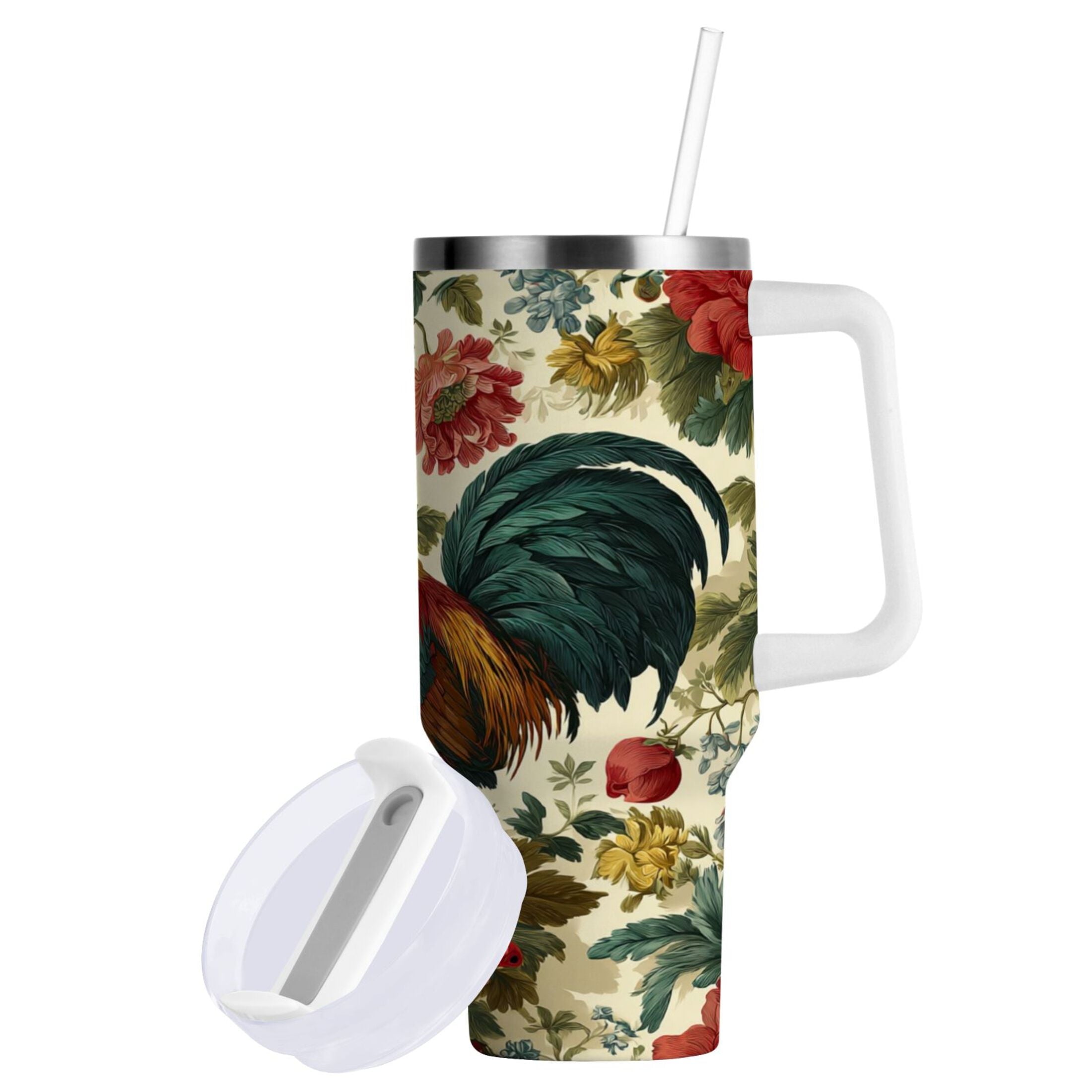 40 oz Insulated Stainless Steel Tumbler Double Wall Stainless Steel Tumbler with 2-Way Drinking Rooster and Vintage Floral M482U