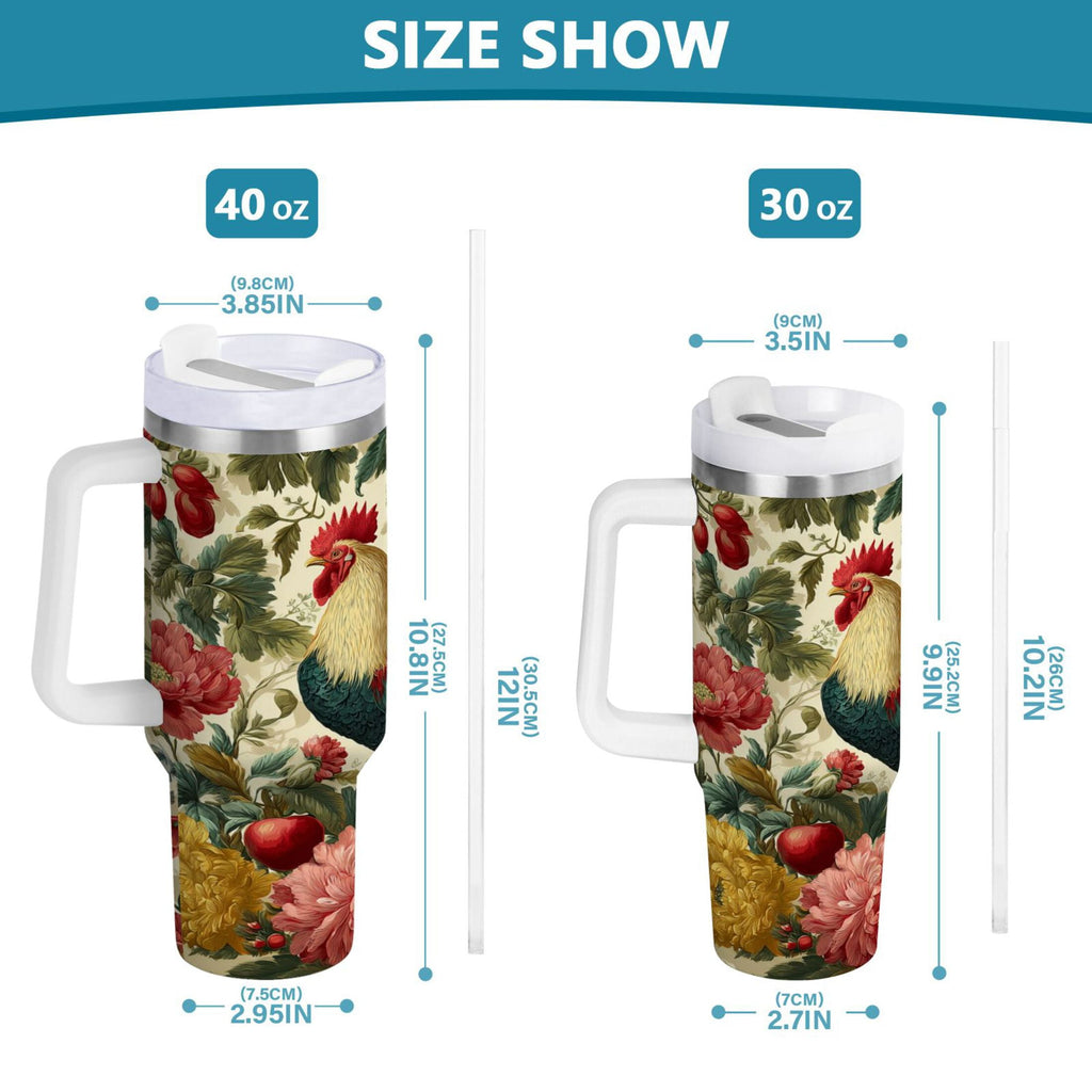 40 oz Insulated Stainless Steel Tumbler Double Wall Stainless Steel Tumbler with 2-Way Drinking Rooster and Vintage Floral M482U
