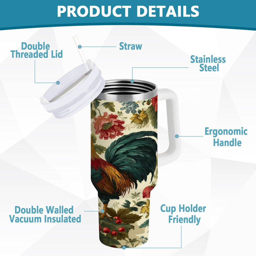 40 oz Insulated Stainless Steel Tumbler Double Wall Stainless Steel Tumbler with 2-Way Drinking Rooster and Vintage Floral M482U