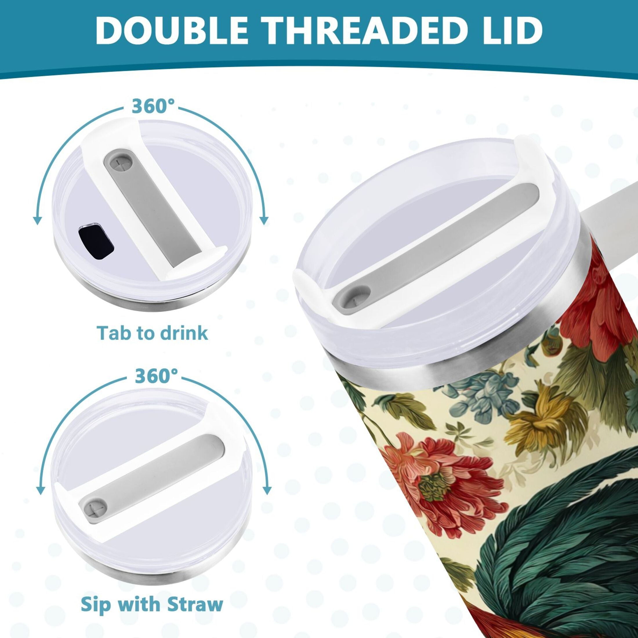 40 oz Insulated Stainless Steel Tumbler Double Wall Stainless Steel Tumbler with 2-Way Drinking Rooster and Vintage Floral M482U