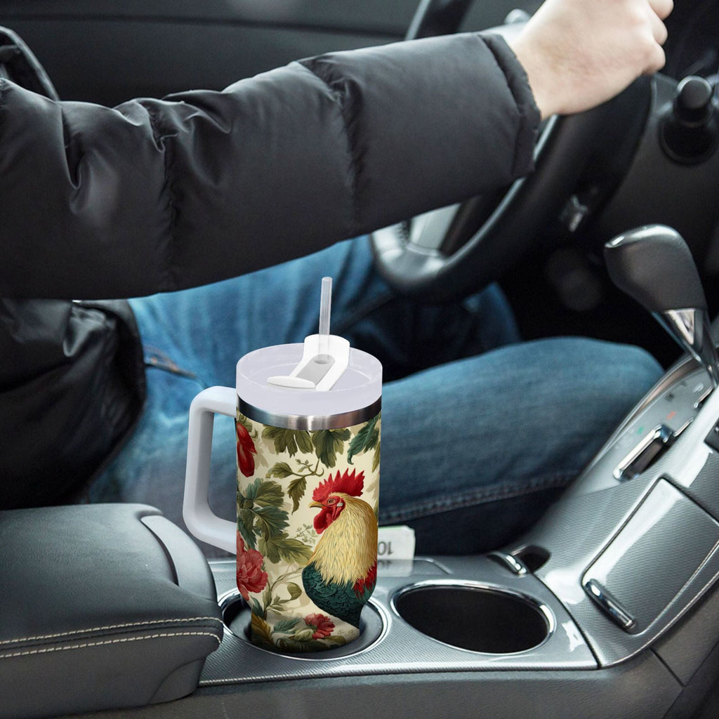 40 oz Insulated Stainless Steel Tumbler Double Wall Stainless Steel Tumbler with 2-Way Drinking Rooster and Vintage Floral M482U