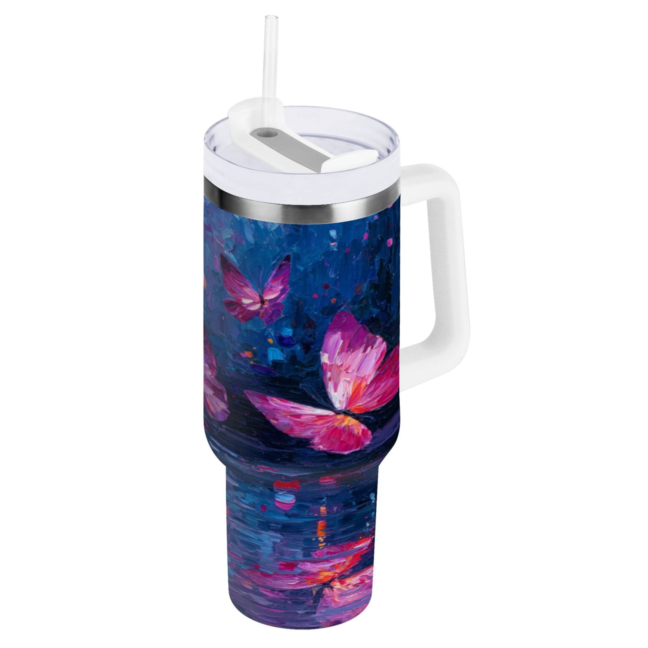 40 oz Insulated Stainless Steel Tumbler Double Wall Stainless Steel Tumbler with 2-Way Drinking Night Scene and Butterflies M488M