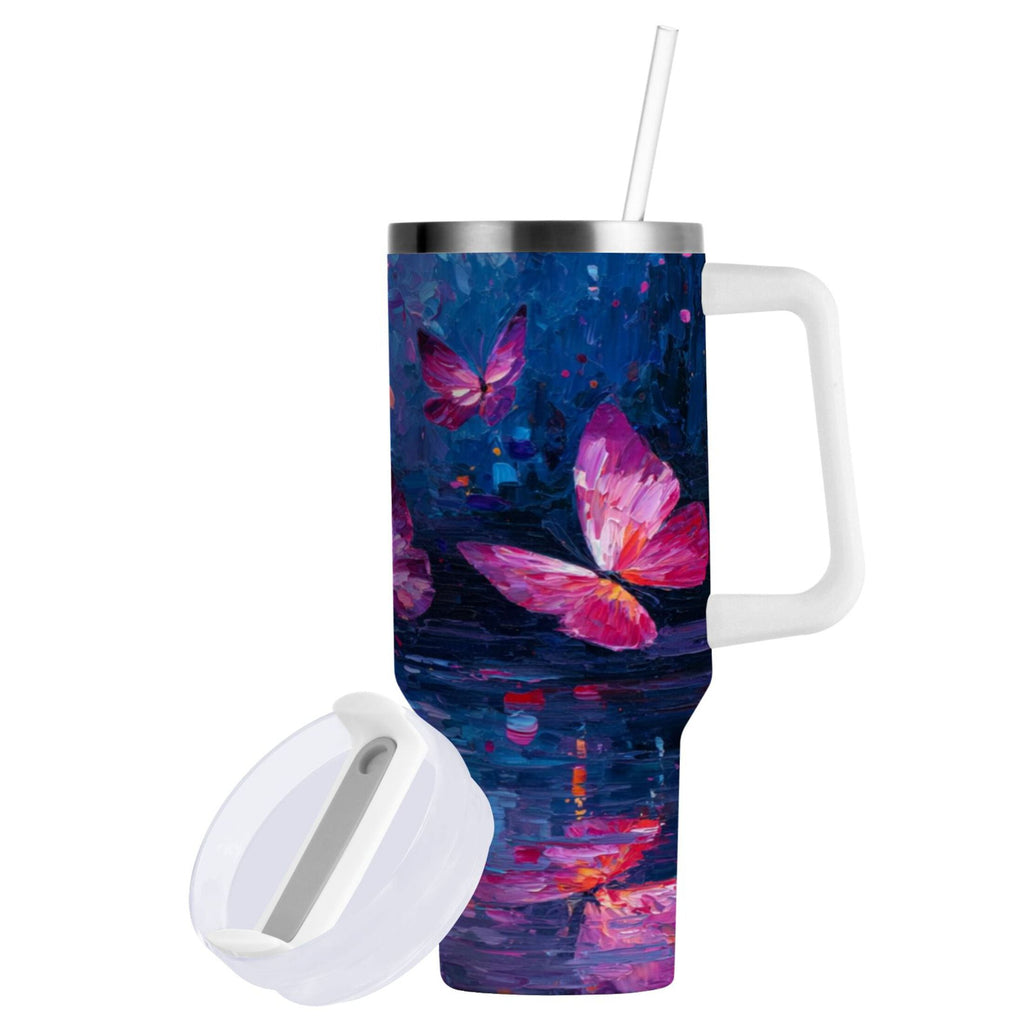 40 oz Insulated Stainless Steel Tumbler Double Wall Stainless Steel Tumbler with 2-Way Drinking Night Scene and Butterflies M488M