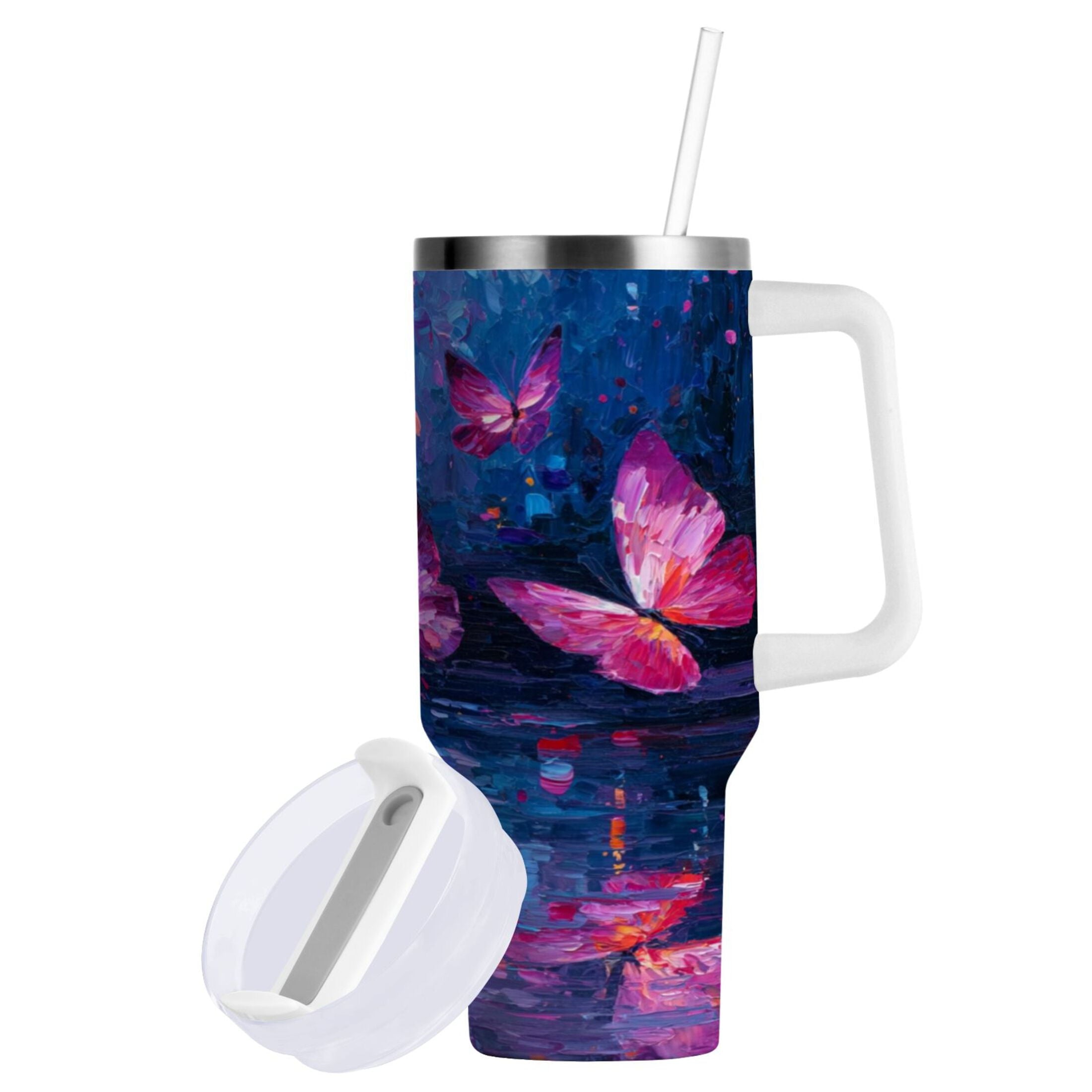 40 oz Insulated Stainless Steel Tumbler Double Wall Stainless Steel Tumbler with 2-Way Drinking Night Scene and Butterflies M488M