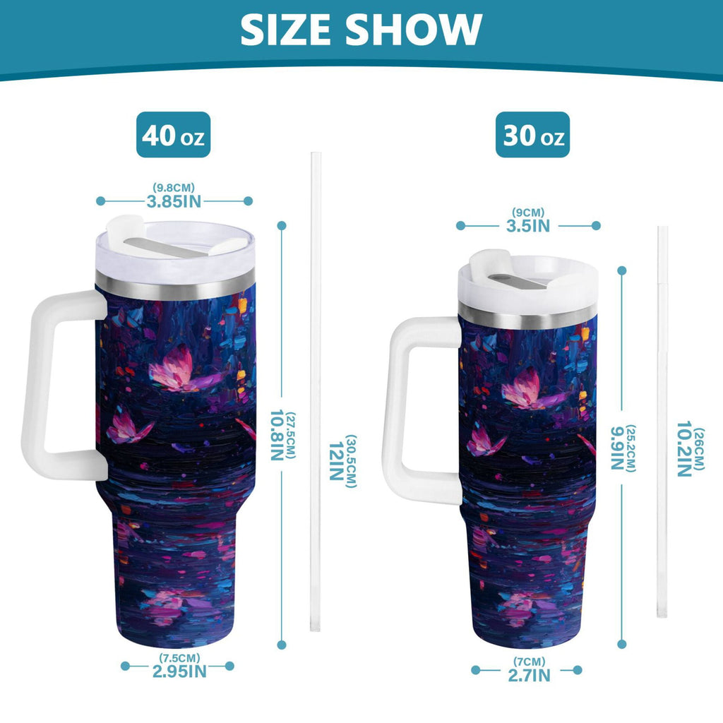 40 oz Insulated Stainless Steel Tumbler Double Wall Stainless Steel Tumbler with 2-Way Drinking Night Scene and Butterflies M488M