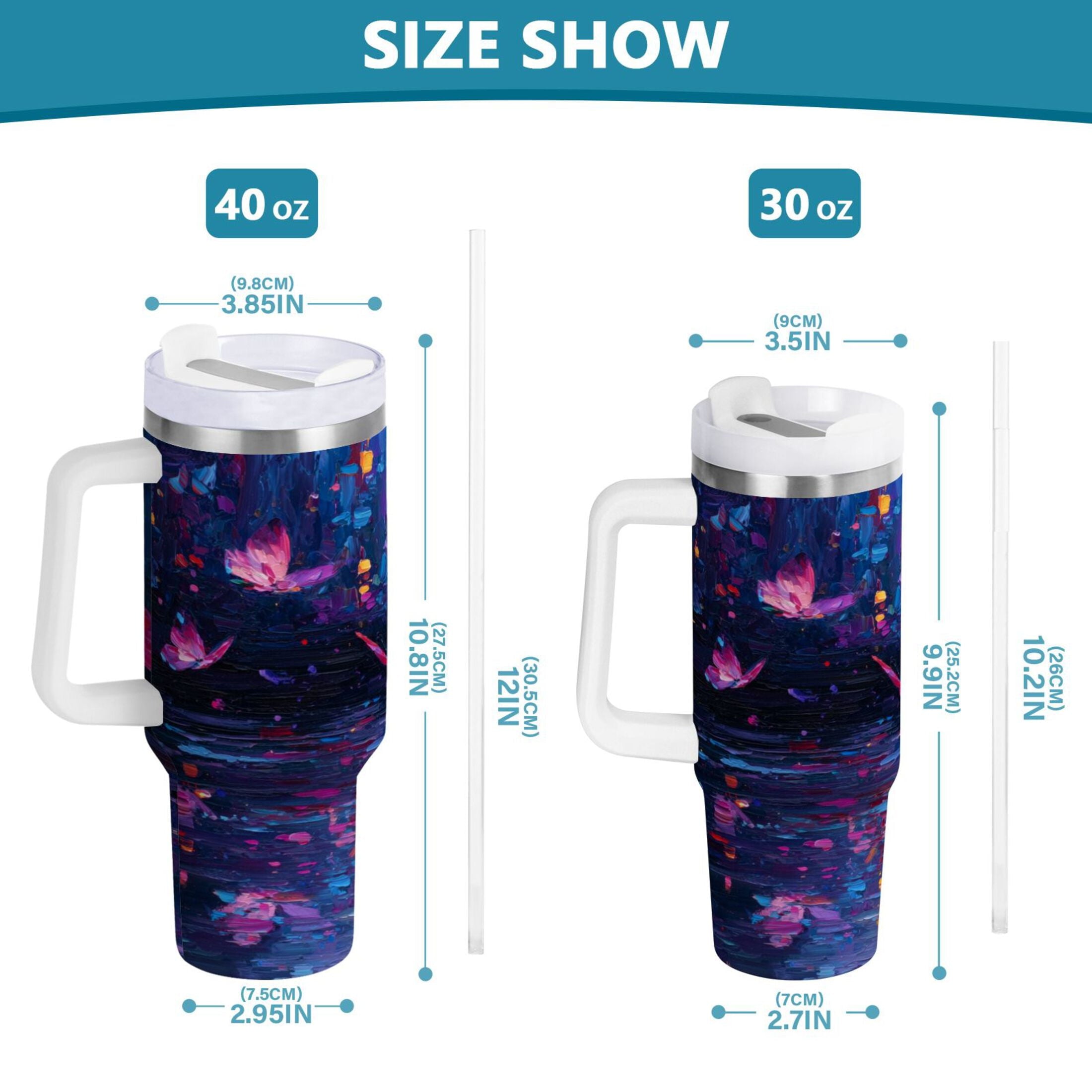 40 oz Insulated Stainless Steel Tumbler Double Wall Stainless Steel Tumbler with 2-Way Drinking Night Scene and Butterflies M488M