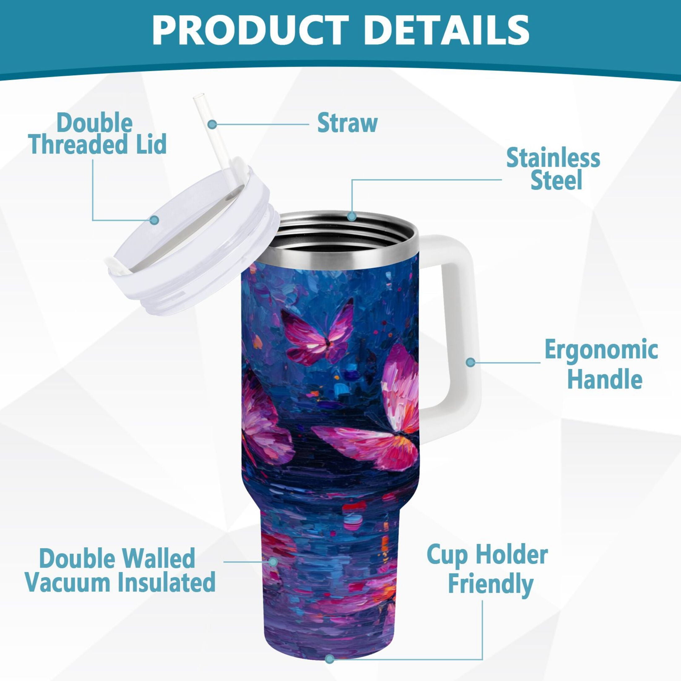 40 oz Insulated Stainless Steel Tumbler Double Wall Stainless Steel Tumbler with 2-Way Drinking Night Scene and Butterflies M488M