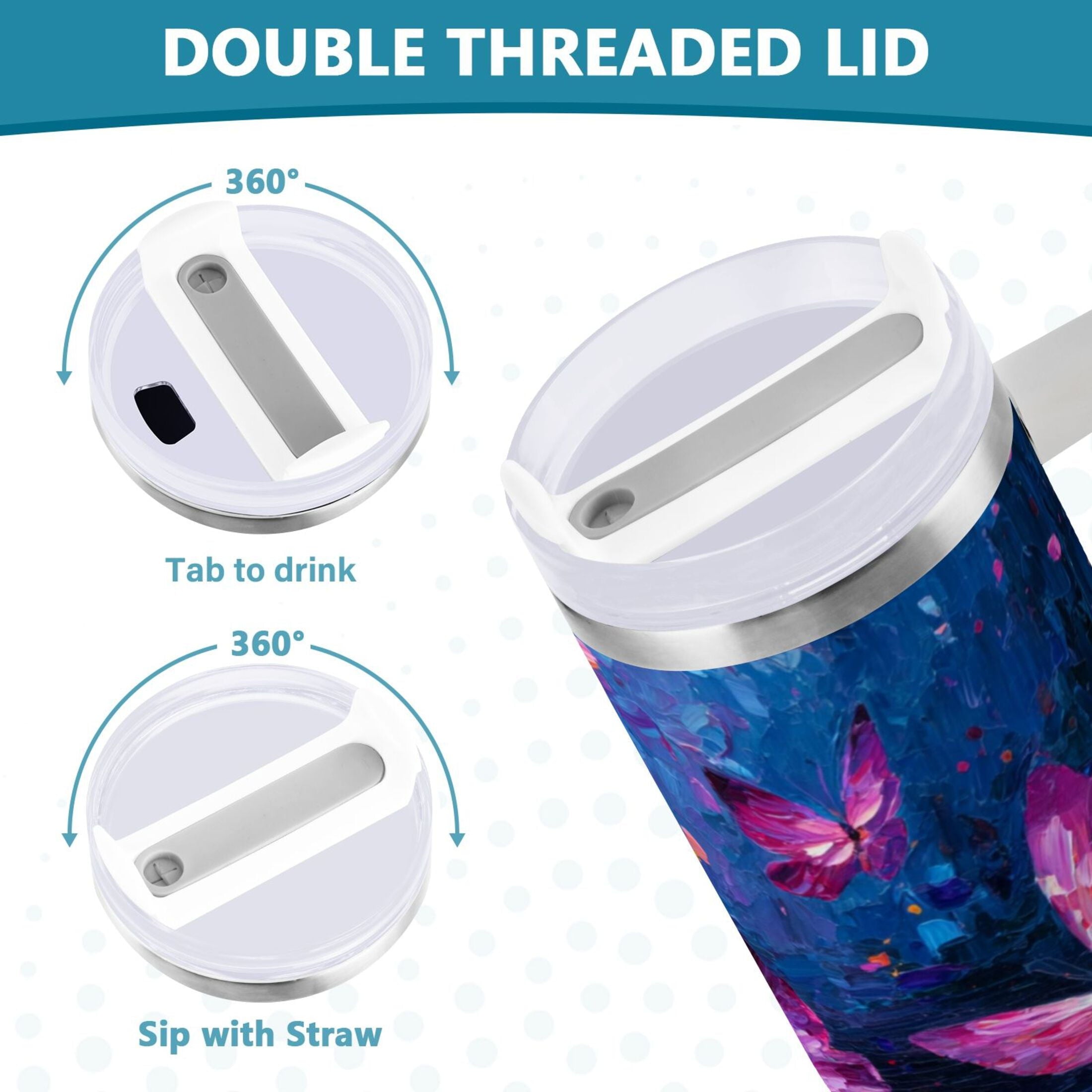 40 oz Insulated Stainless Steel Tumbler Double Wall Stainless Steel Tumbler with 2-Way Drinking Night Scene and Butterflies M488M