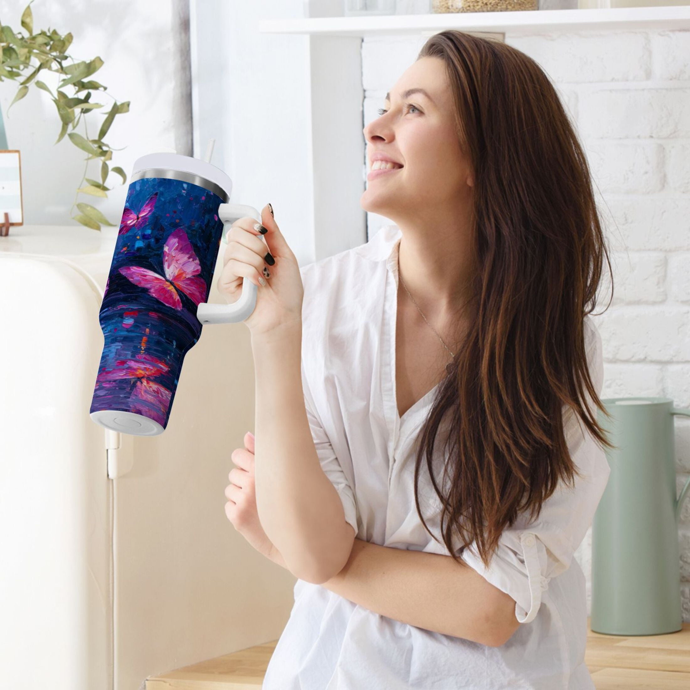 40 oz Insulated Stainless Steel Tumbler Double Wall Stainless Steel Tumbler with 2-Way Drinking Night Scene and Butterflies M488M