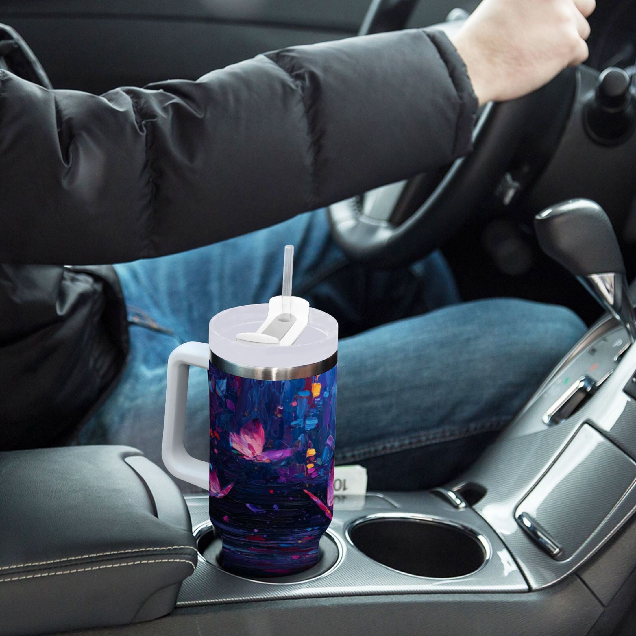 40 oz Insulated Stainless Steel Tumbler Double Wall Stainless Steel Tumbler with 2-Way Drinking Night Scene and Butterflies M488M
