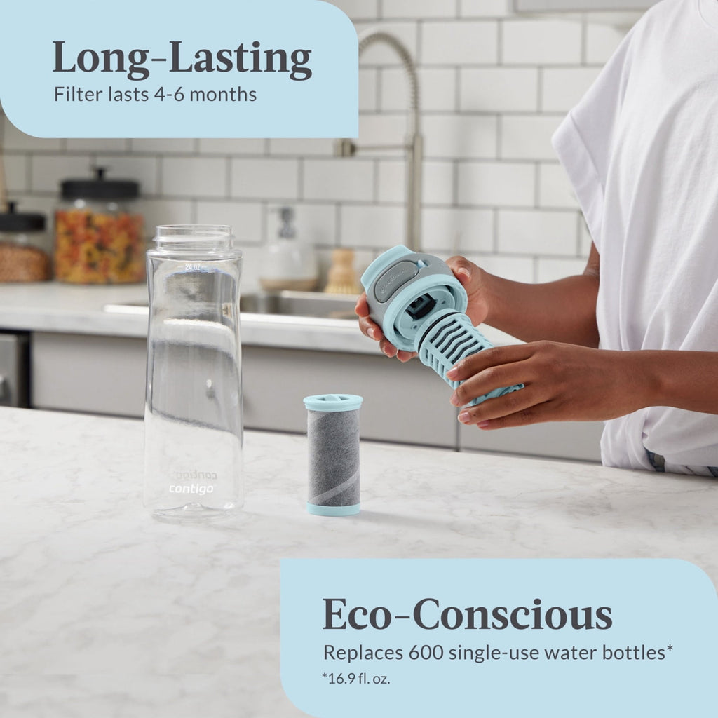 (2 pack) Contigo Clybourn Plastic FreeFlow Filter Water Bottle with AUTOSEAL Lid 24 oz., Salt, with Replacable Filter M53M
