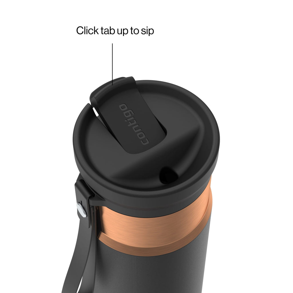 Contigo SnapSeal Leakproof Stainless Steel Reusable Water Bottle with Carrying Strap, Black/Bronze, 16 oz M65H