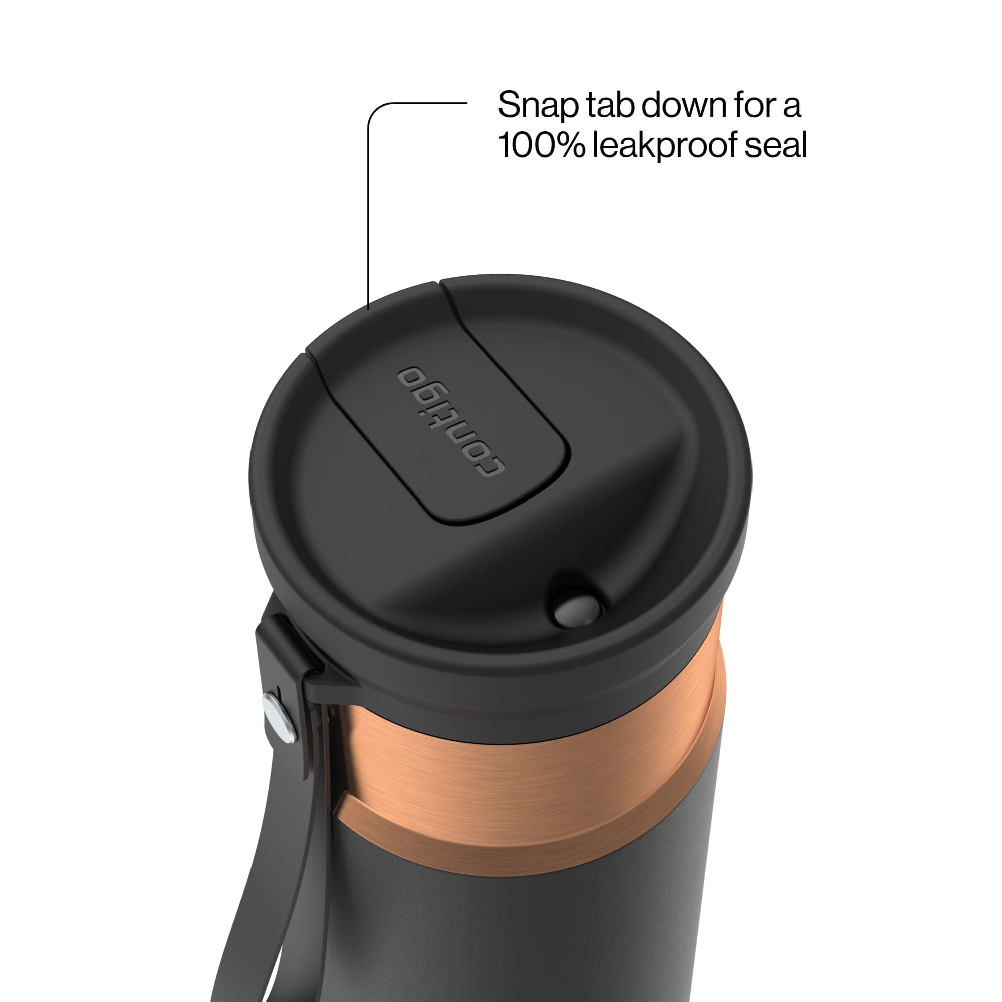 Contigo SnapSeal Leakproof Stainless Steel Reusable Water Bottle with Carrying Strap, Black/Bronze, 16 oz M65H