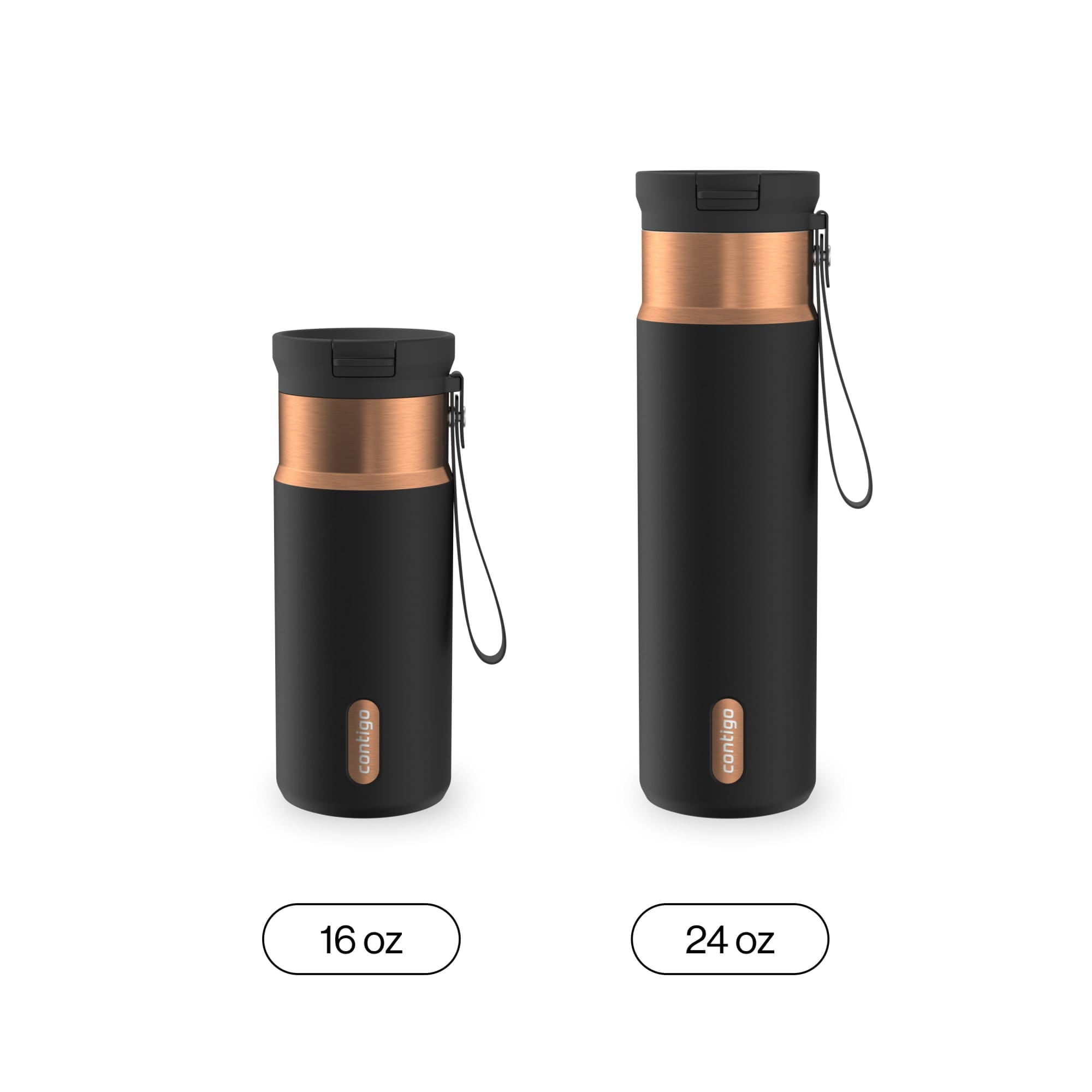 Contigo SnapSeal Leakproof Stainless Steel Reusable Water Bottle with Carrying Strap, Black/Bronze, 16 oz M65H