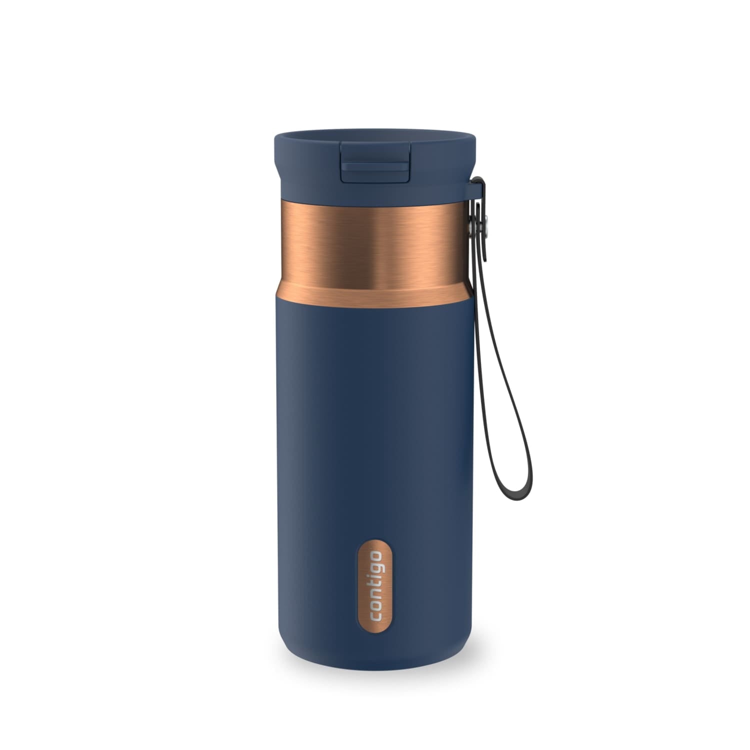 Contigo SnapSeal Leakproof Stainless Steel Reusable Water Bottle with Carrying Strap, Black/Bronze, 16 oz M65H
