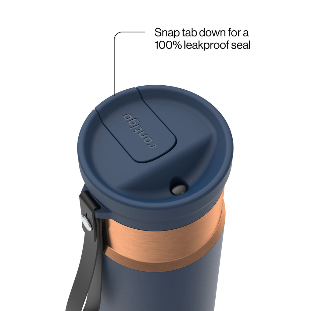 Contigo SnapSeal Leakproof Stainless Steel Reusable Water Bottle with Carrying Strap, Black/Bronze, 16 oz M65H