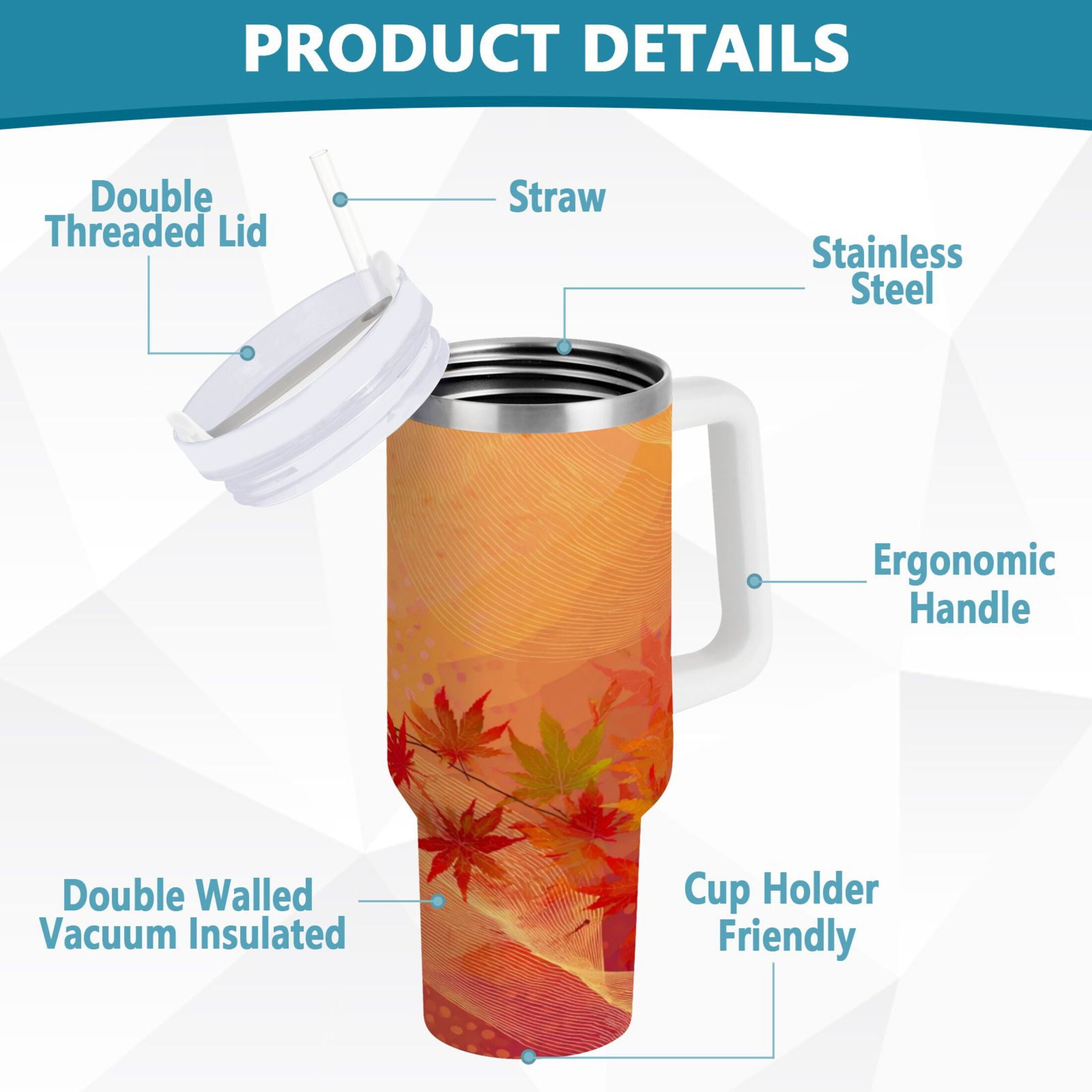 40 oz Insulated Stainless Steel Tumbler Double Wall Stainless Steel Tumbler with 2-Way Drinking Red Maple Leaves in Autumn M475T