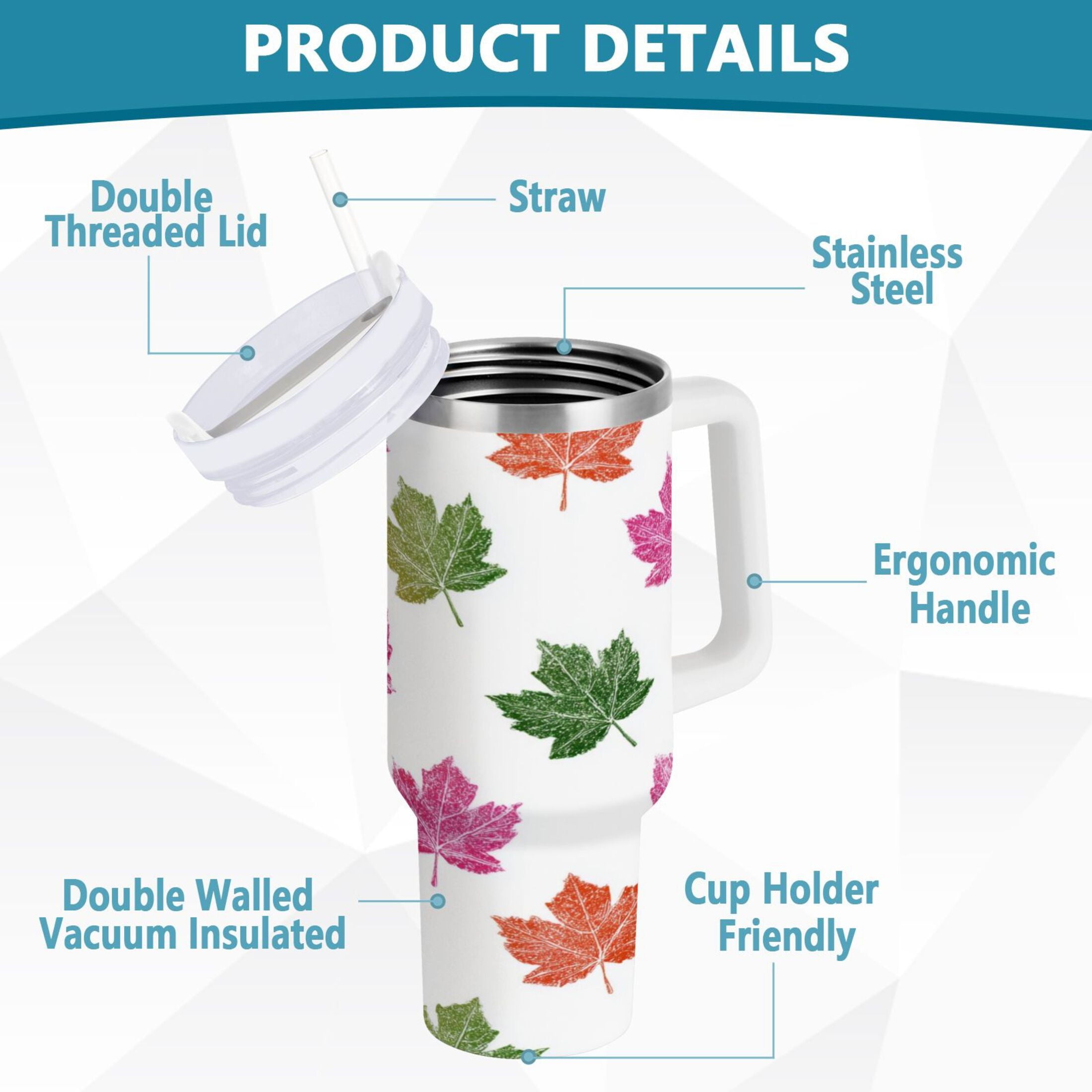 40 oz Insulated Stainless Steel Tumbler Double Wall Stainless Steel Tumbler with 2-Way Drinking Pink Maple Leaf M459L