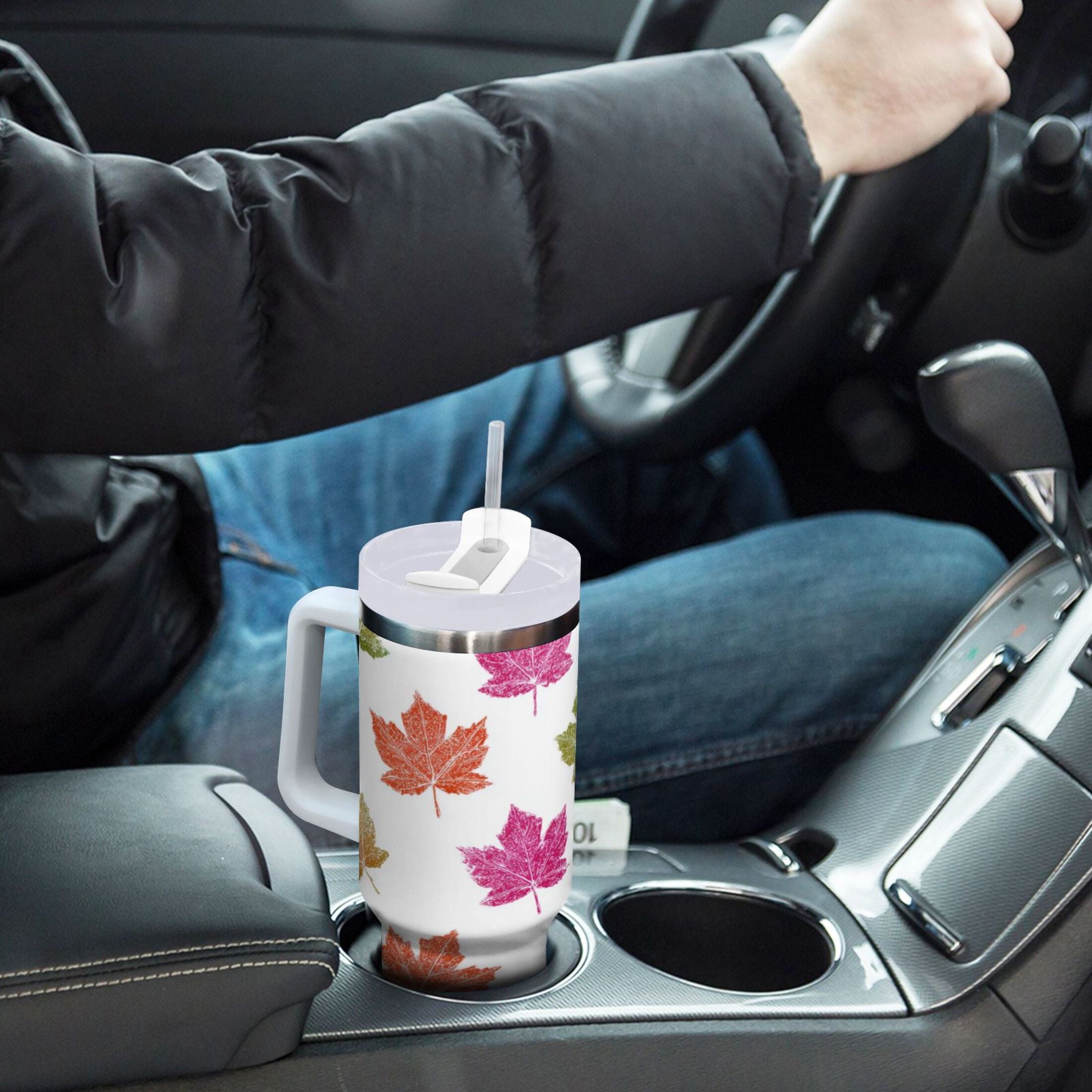 40 oz Insulated Stainless Steel Tumbler Double Wall Stainless Steel Tumbler with 2-Way Drinking Pink Maple Leaf M459L