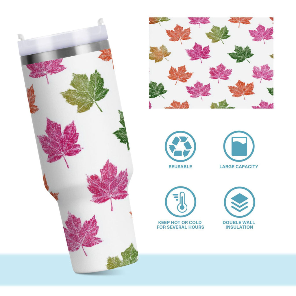 40 oz Insulated Stainless Steel Tumbler Double Wall Stainless Steel Tumbler with 2-Way Drinking Pink Maple Leaf M459L