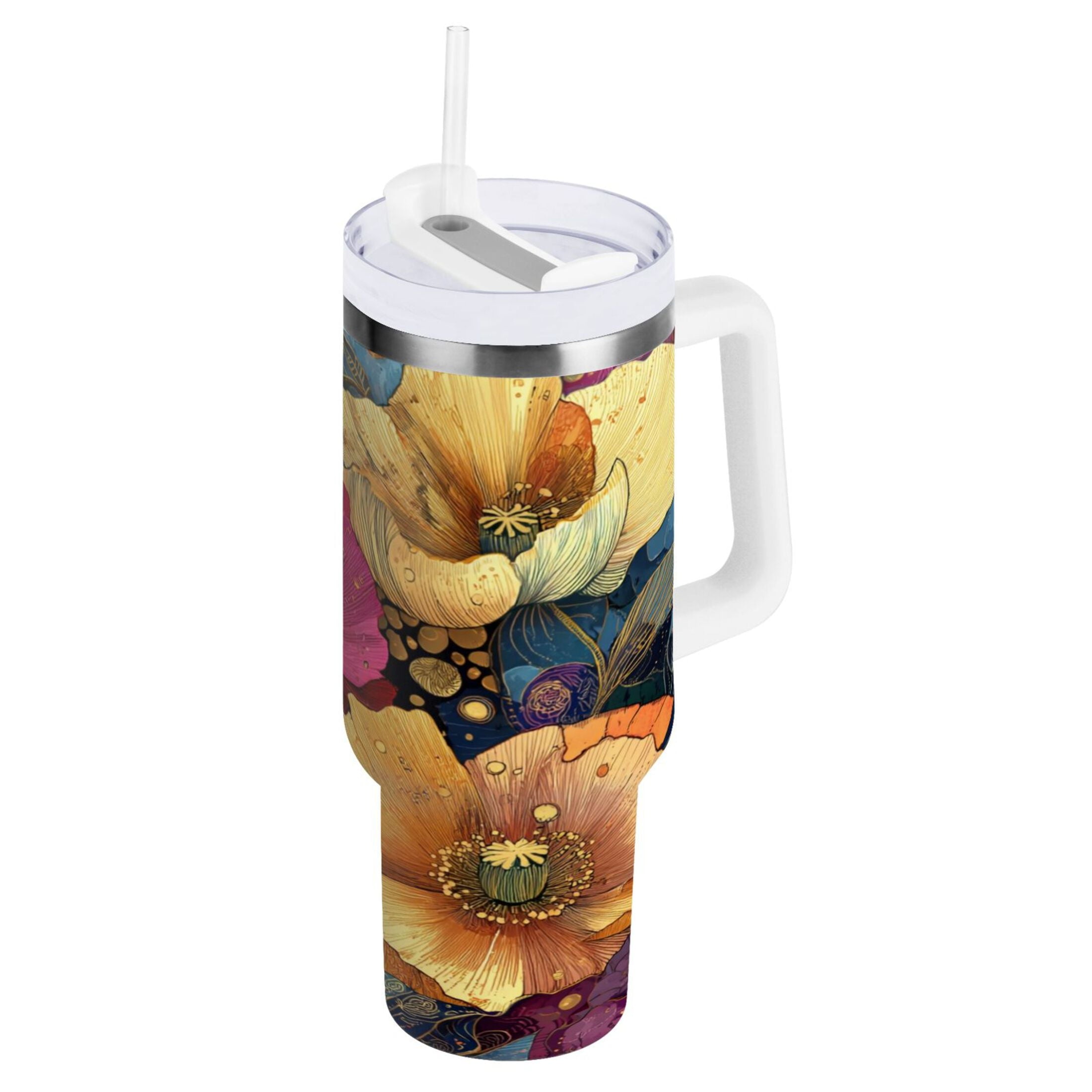 40 oz Insulated Stainless Steel Tumbler Double Wall Stainless Steel Tumbler with 2-Way Drinking Vibrant and Intricate Flowers M463M