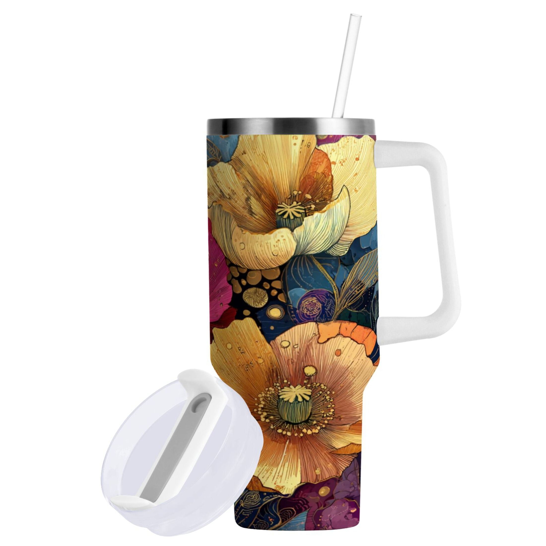 40 oz Insulated Stainless Steel Tumbler Double Wall Stainless Steel Tumbler with 2-Way Drinking Vibrant and Intricate Flowers M463M
