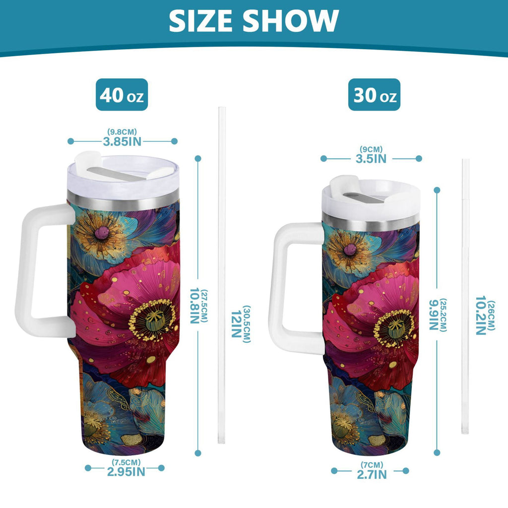 40 oz Insulated Stainless Steel Tumbler Double Wall Stainless Steel Tumbler with 2-Way Drinking Vibrant and Intricate Flowers M463M
