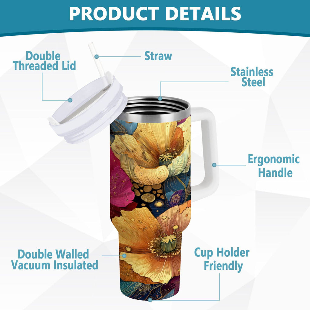 40 oz Insulated Stainless Steel Tumbler Double Wall Stainless Steel Tumbler with 2-Way Drinking Vibrant and Intricate Flowers M463M