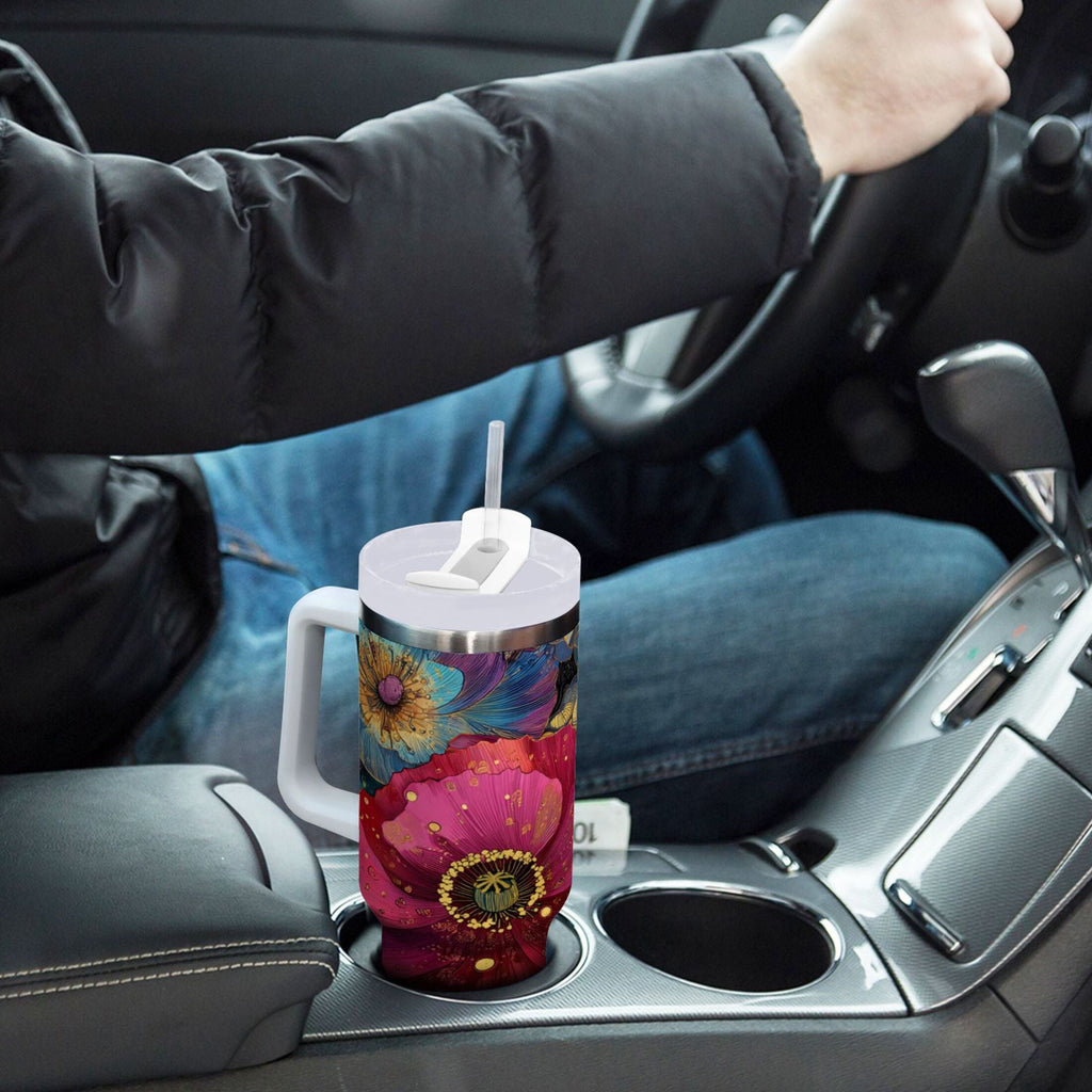 40 oz Insulated Stainless Steel Tumbler Double Wall Stainless Steel Tumbler with 2-Way Drinking Vibrant and Intricate Flowers M463M