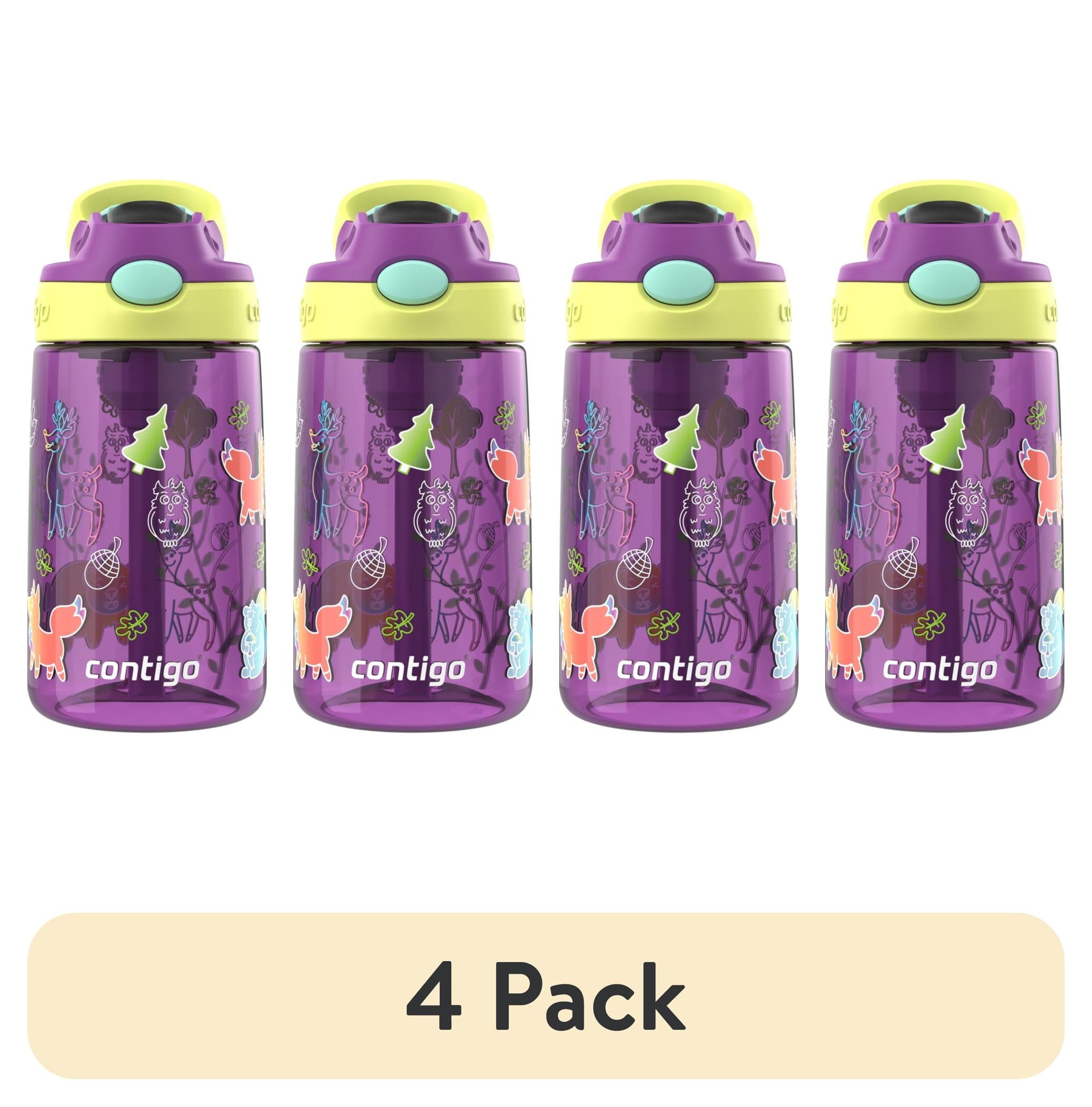 (4 pack) Contigo Kids Water Bottle with Redesigned AUTOSPOUT Straw, 14 oz, Grape Forest Haven M16S