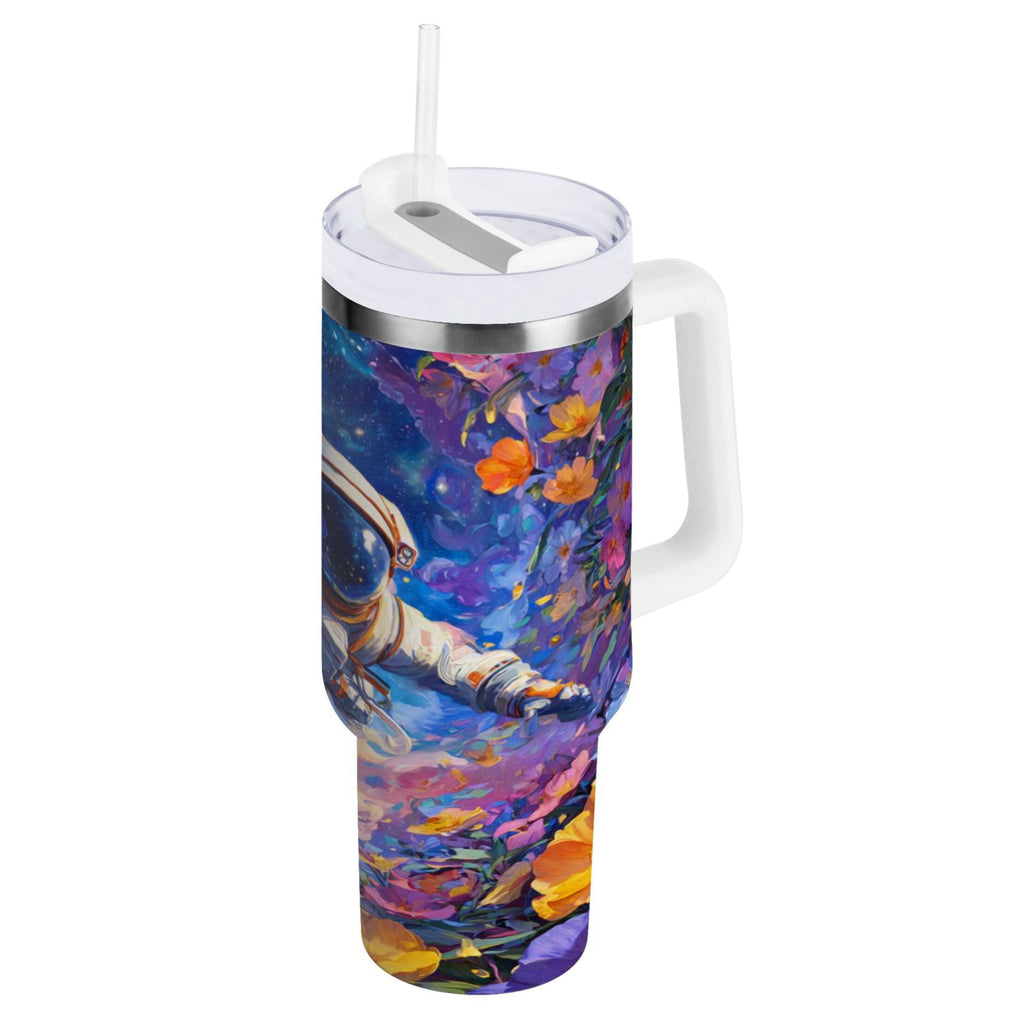 40 oz Insulated Stainless Steel Tumbler Double Wall Stainless Steel Tumbler with 2-Way Drinking Astronaut and Colorful Flowers M562S