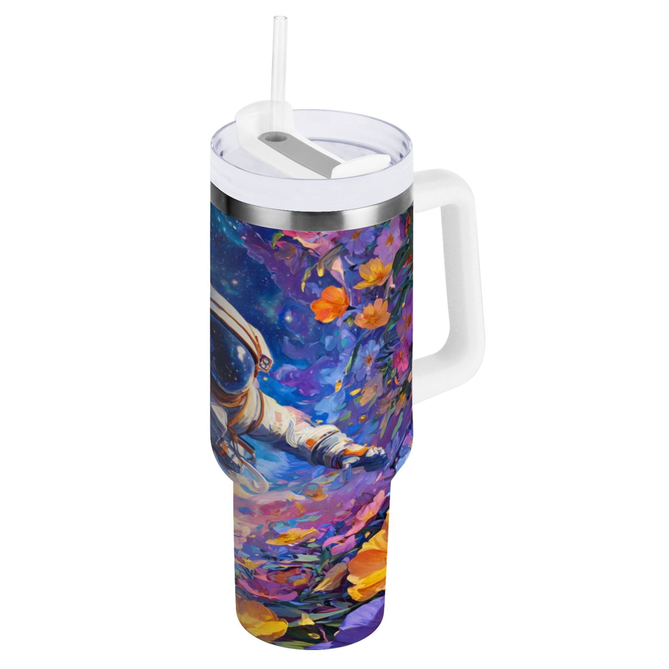 40 oz Insulated Stainless Steel Tumbler Double Wall Stainless Steel Tumbler with 2-Way Drinking Astronaut and Colorful Flowers M562S