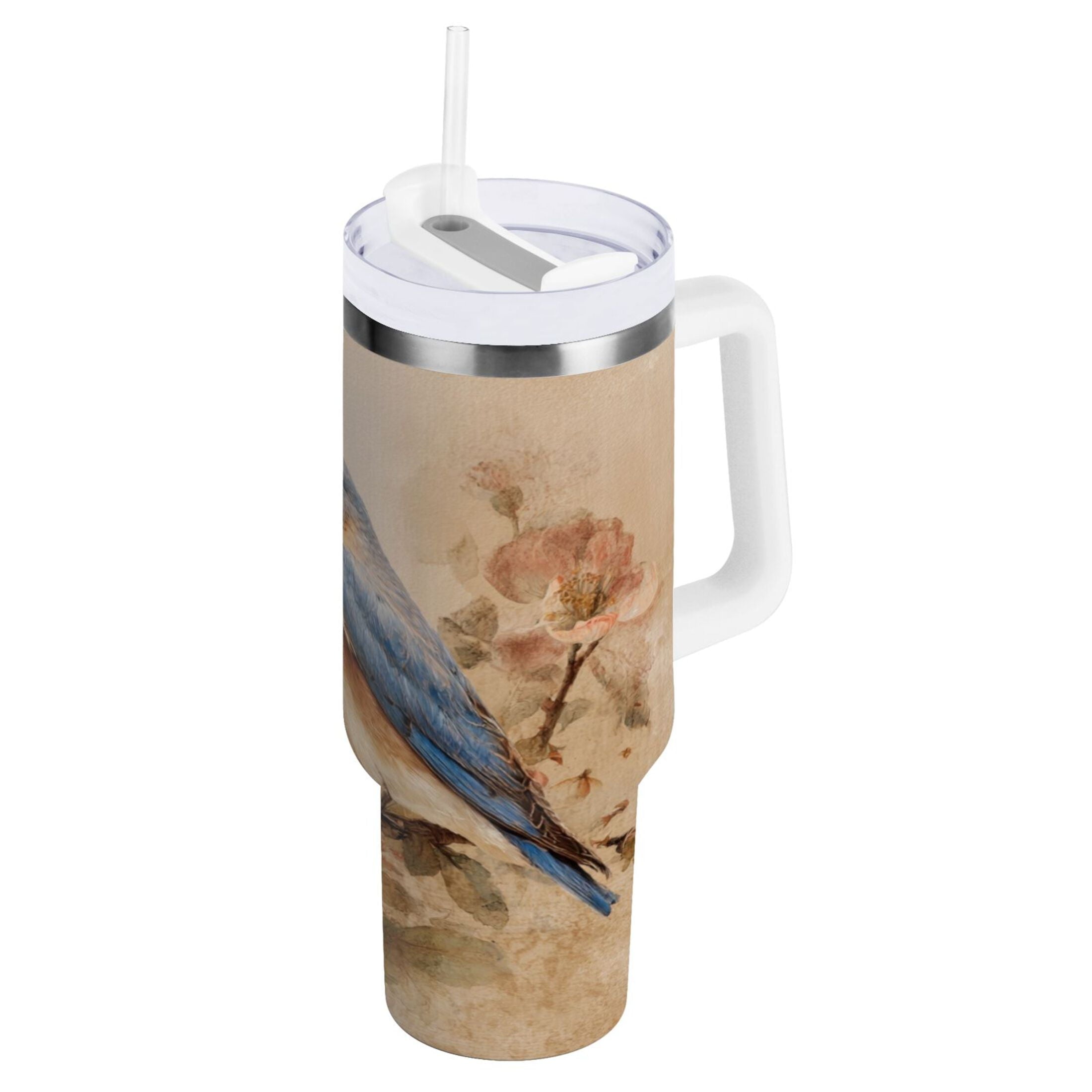 40 oz Insulated Stainless Steel Tumbler Double Wall Stainless Steel Tumbler with 2-Way Drinking Bluebird and Ancient Flowers M574V