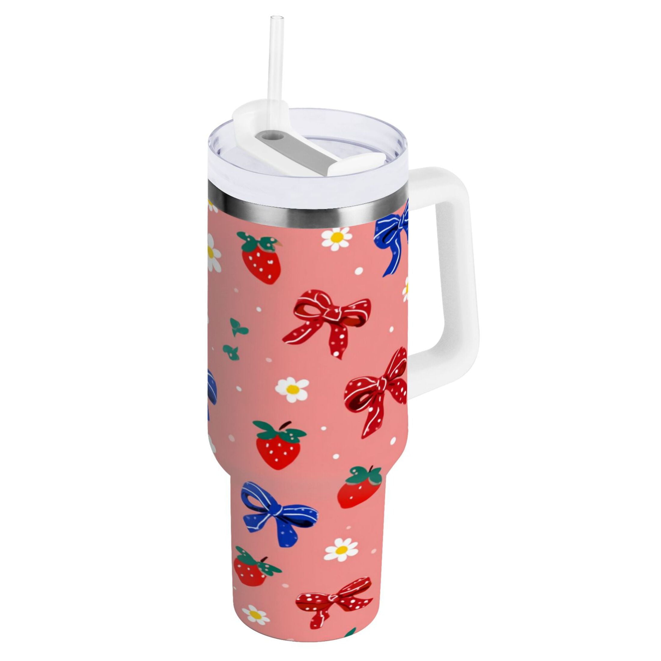 40 oz Insulated Stainless Steel Tumbler Double Wall Stainless Steel Tumbler with 2-Way Drinking Bows and Strawberries Pattern M511S
