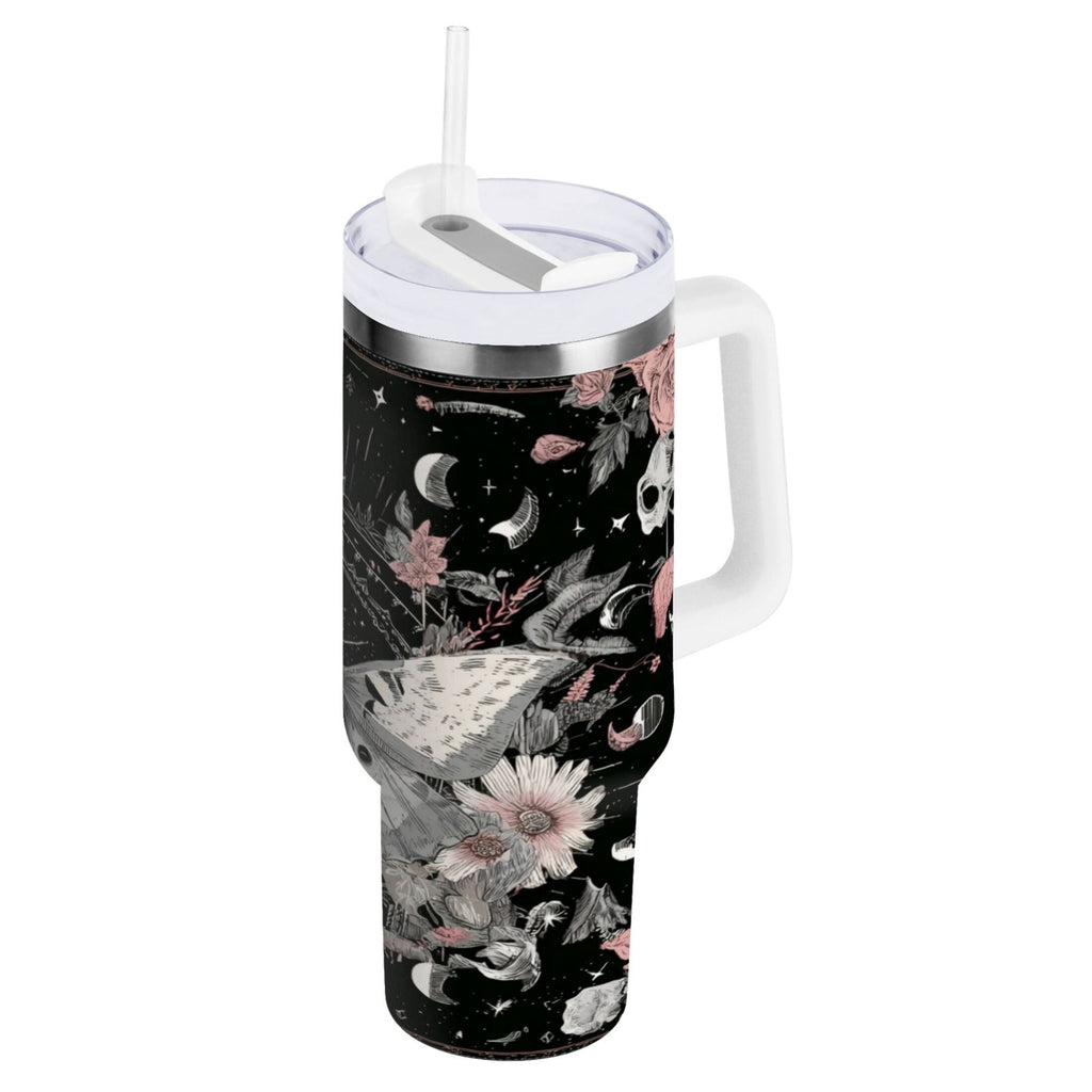 40 oz Insulated Stainless Steel Tumbler Double Wall Stainless Steel Tumbler with 2-Way Drinking Butterfly Surrounded by Flowers M640X