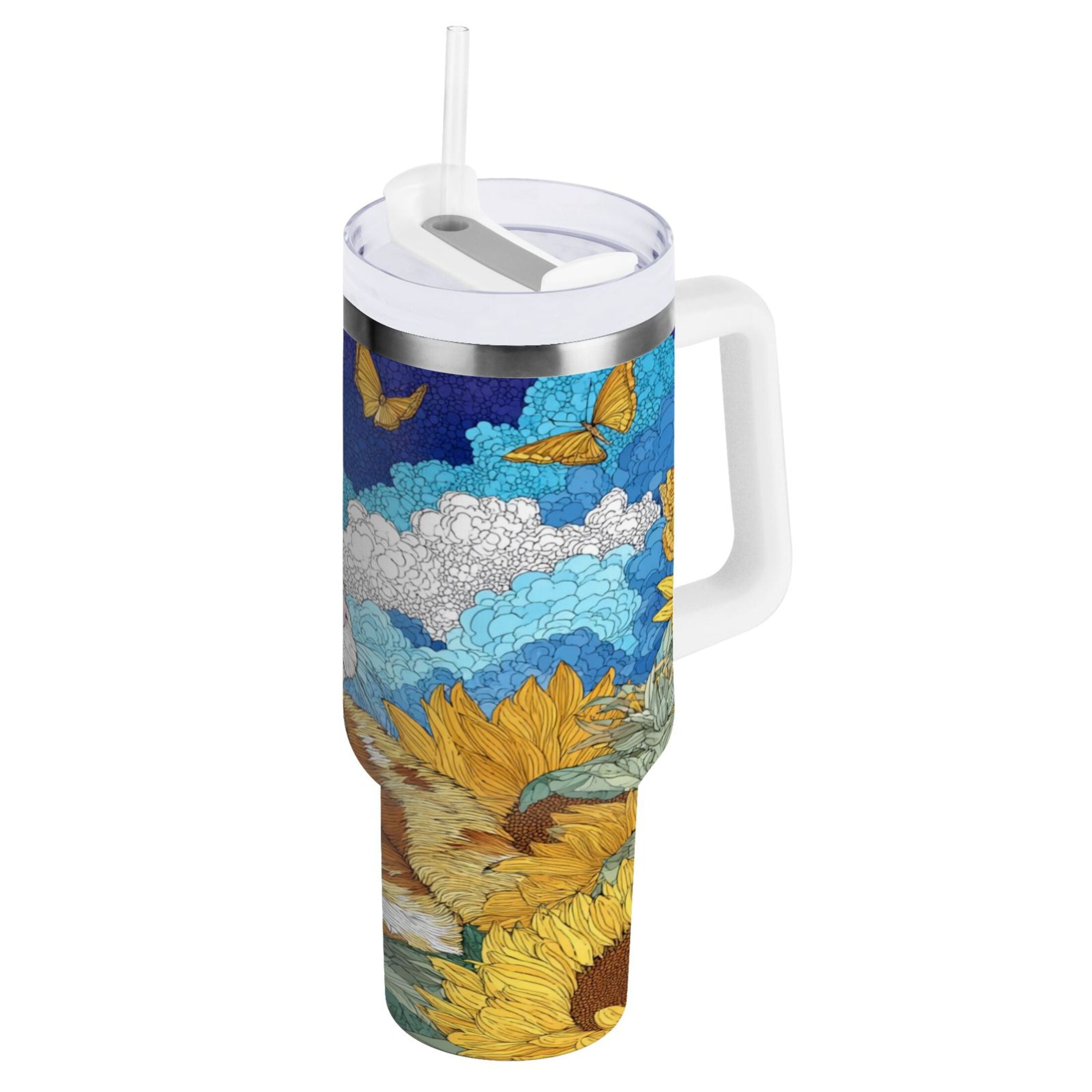 40 oz Insulated Stainless Steel Tumbler Double Wall Stainless Steel Tumbler with 2-Way Drinking Cat Lies in The Sunflowers M651S