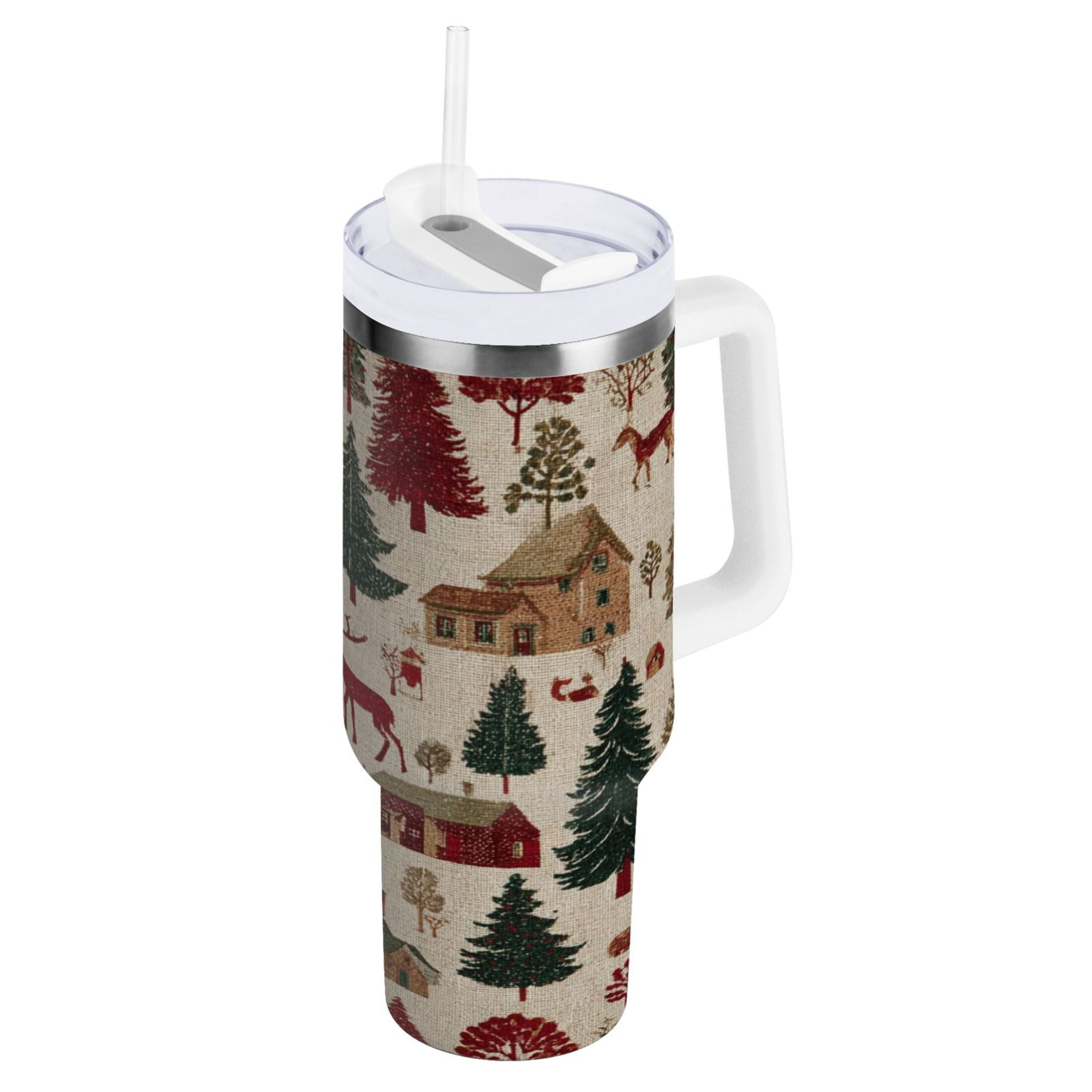 30 oz Insulated Stainless Steel Tumbler Double Wall Stainless Steel Tumbler with 2-Way Drinking Christmas Trees Deer and Houses M577F