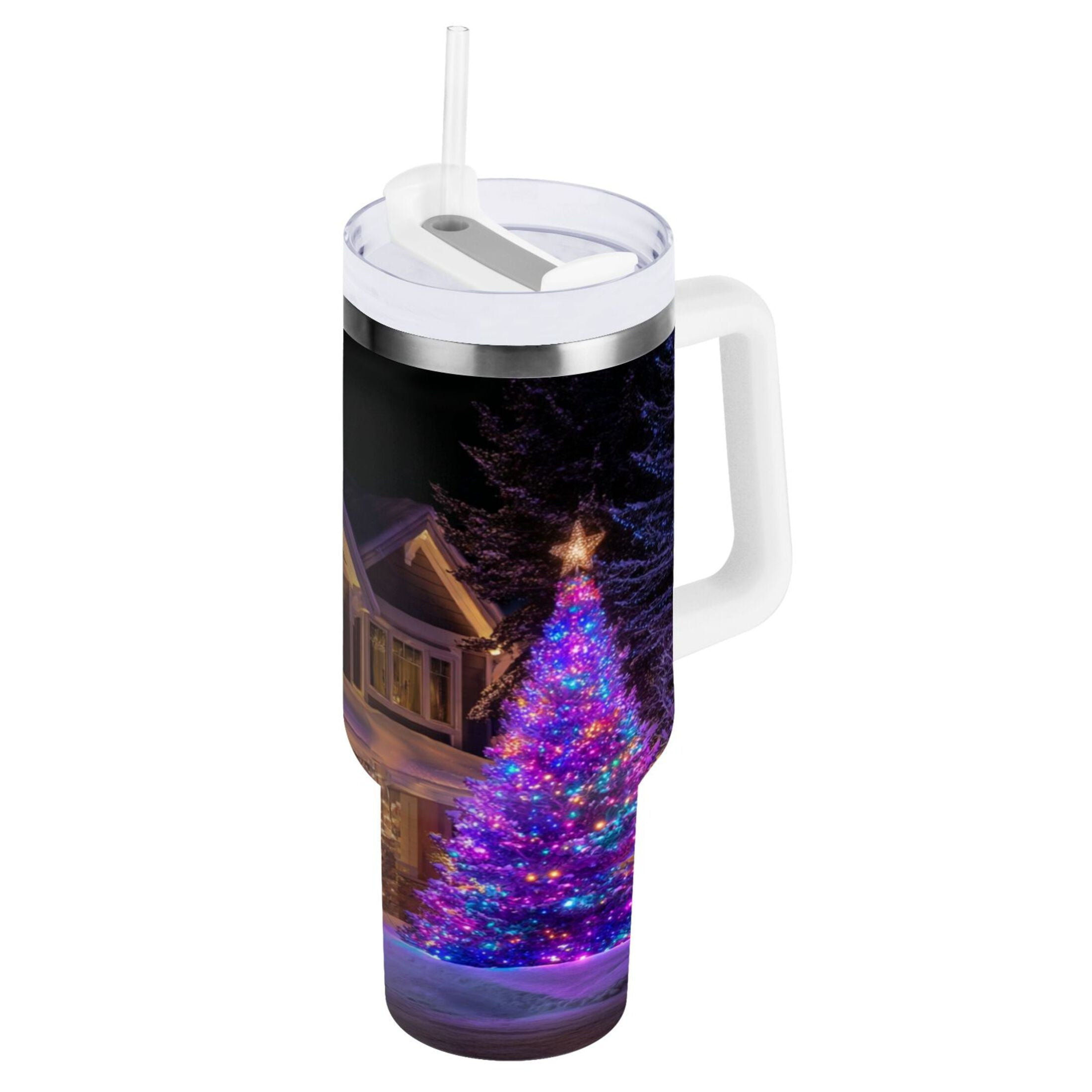 40 oz Insulated Stainless Steel Tumbler Double Wall Stainless Steel Tumbler with 2-Way Drinking Christmas Trees with Lights M664M