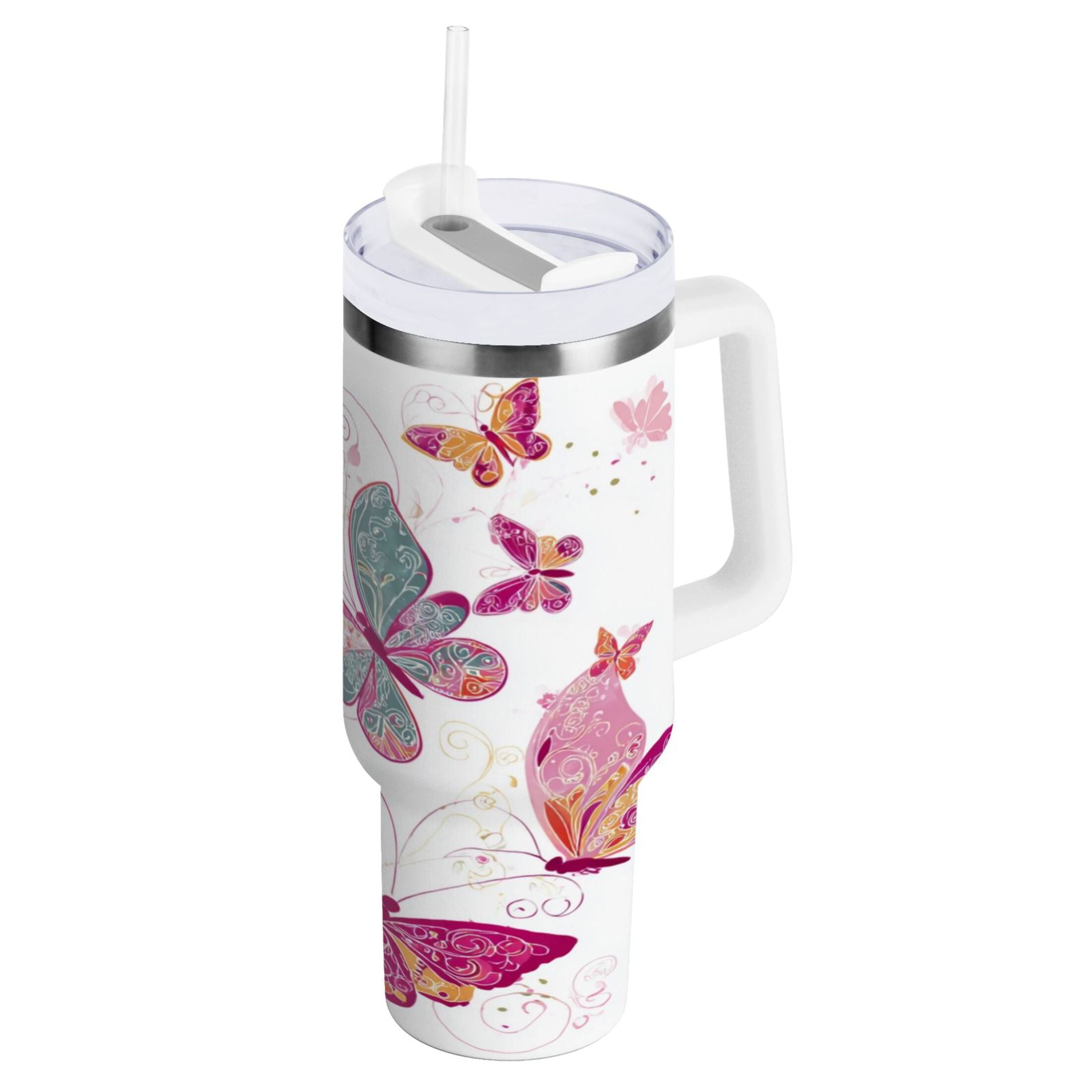 30 oz Insulated Stainless Steel Tumbler Double Wall Stainless Steel Tumbler with 2-Way Drinking Colorful Butterflies M605A
