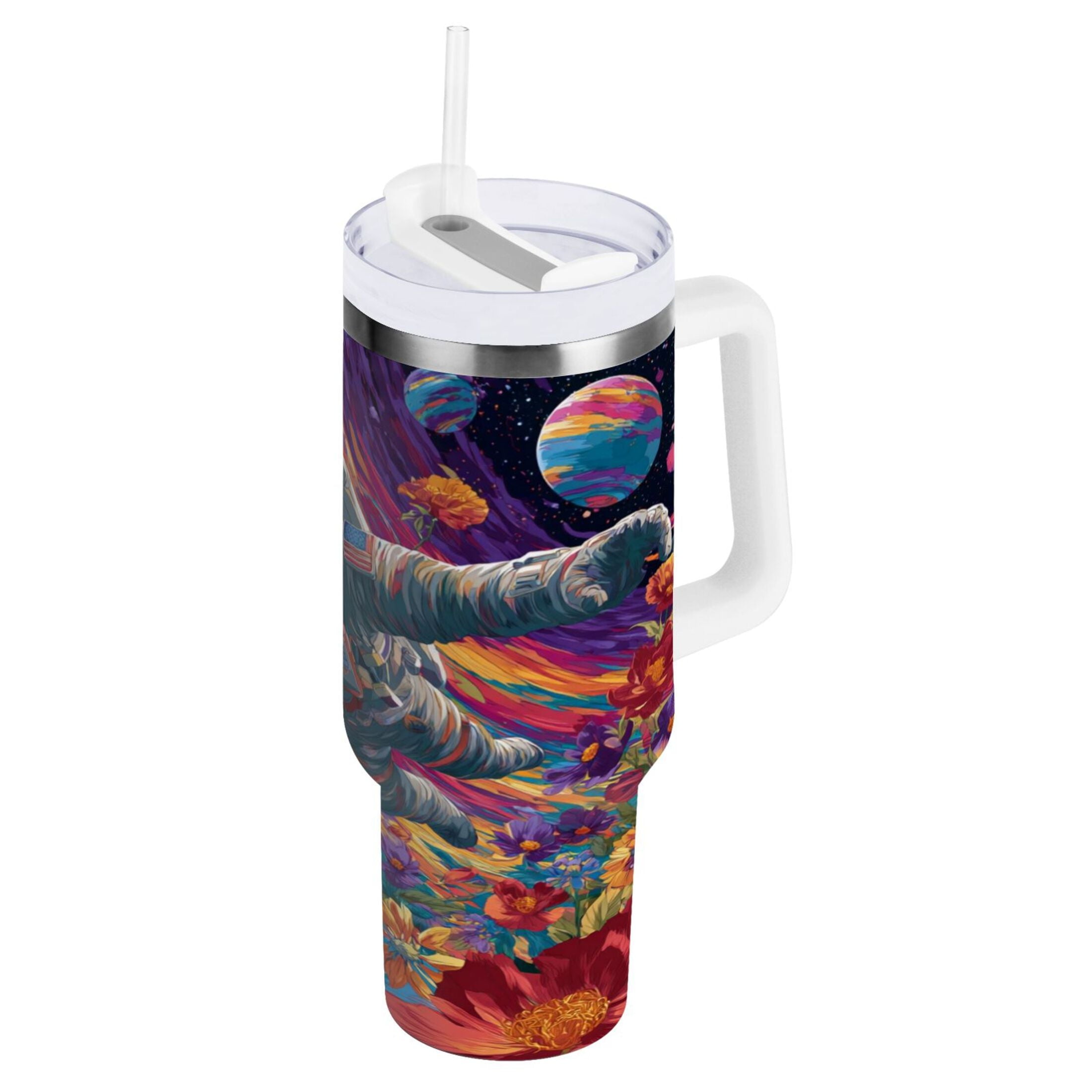 40 oz Insulated Stainless Steel Tumbler Double Wall Stainless Steel Tumbler with 2-Way Drinking Colorful Flowers and Planets M598M
