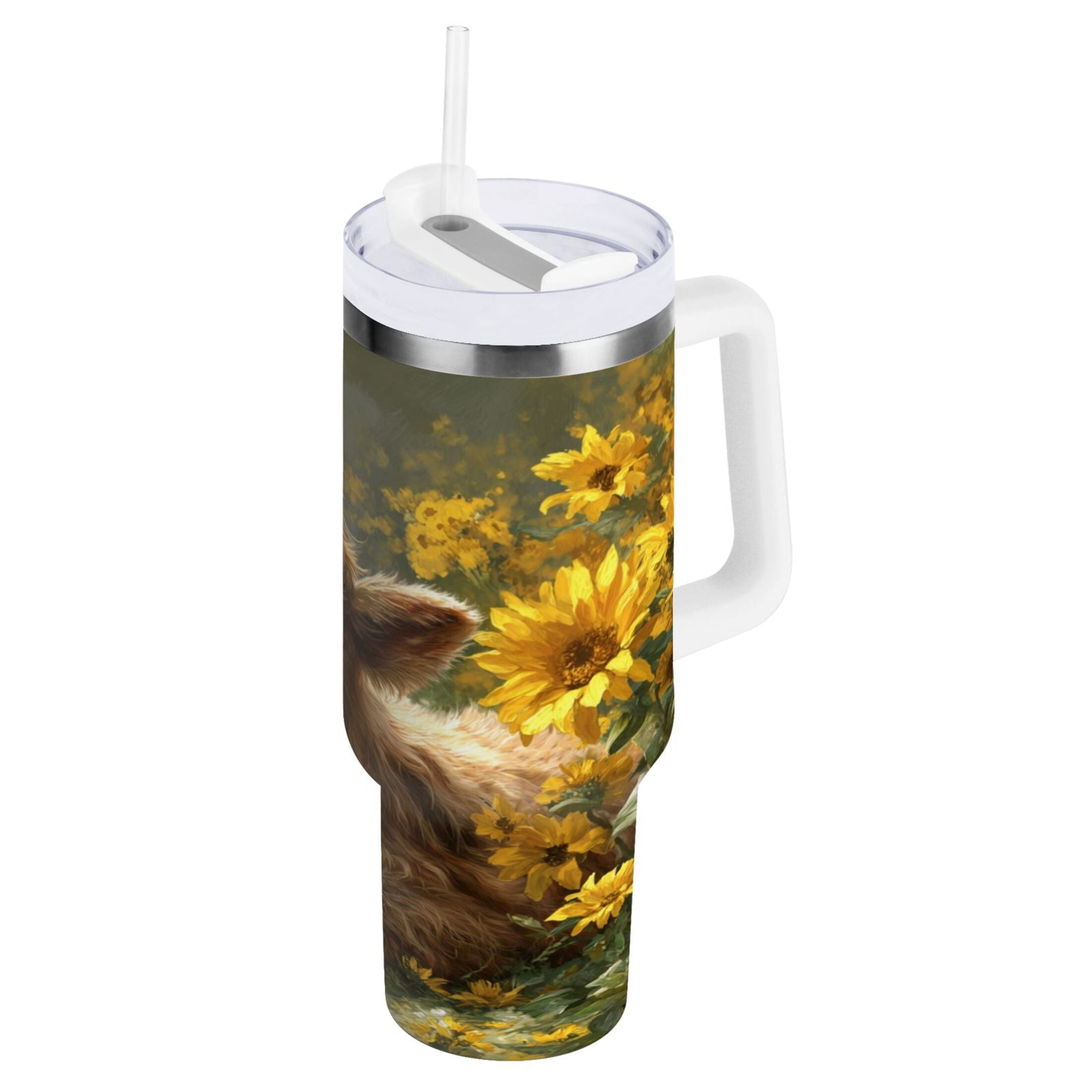 40 oz Insulated Stainless Steel Tumbler Double Wall Stainless Steel Tumbler with 2-Way Drinking Cow Lying in Sunflowers M665W