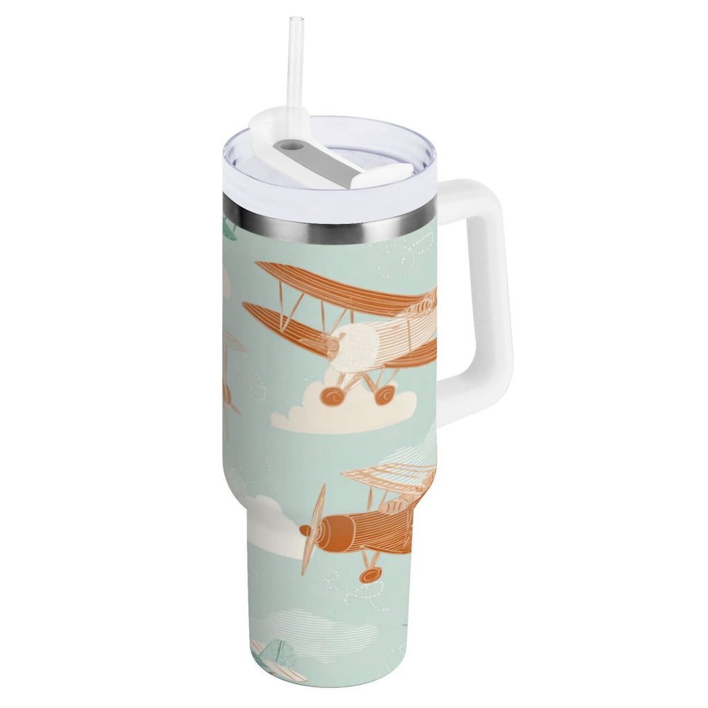 40 oz Insulated Stainless Steel Tumbler Double Wall Stainless Steel Tumbler with 2-Way Drinking Cute Airplanes M647W