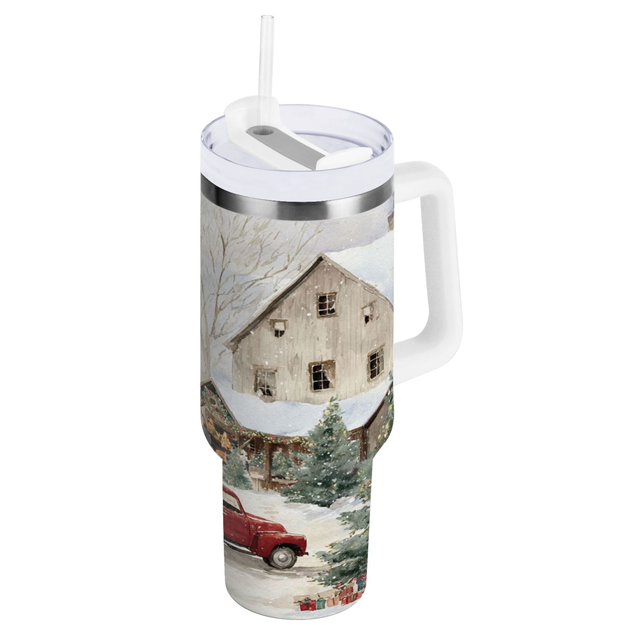 40 oz Insulated Stainless Steel Tumbler Double Wall Stainless Steel Tumbler with 2-Way Drinking Farm Snow Scene M645P