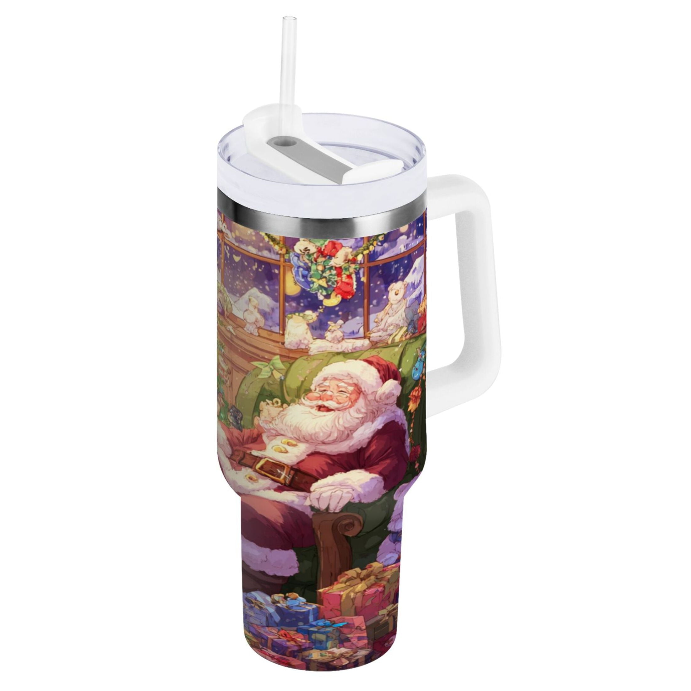 40 oz Insulated Stainless Steel Tumbler Double Wall Stainless Steel Tumbler with 2-Way Drinking Festive Christmas Scene M575B