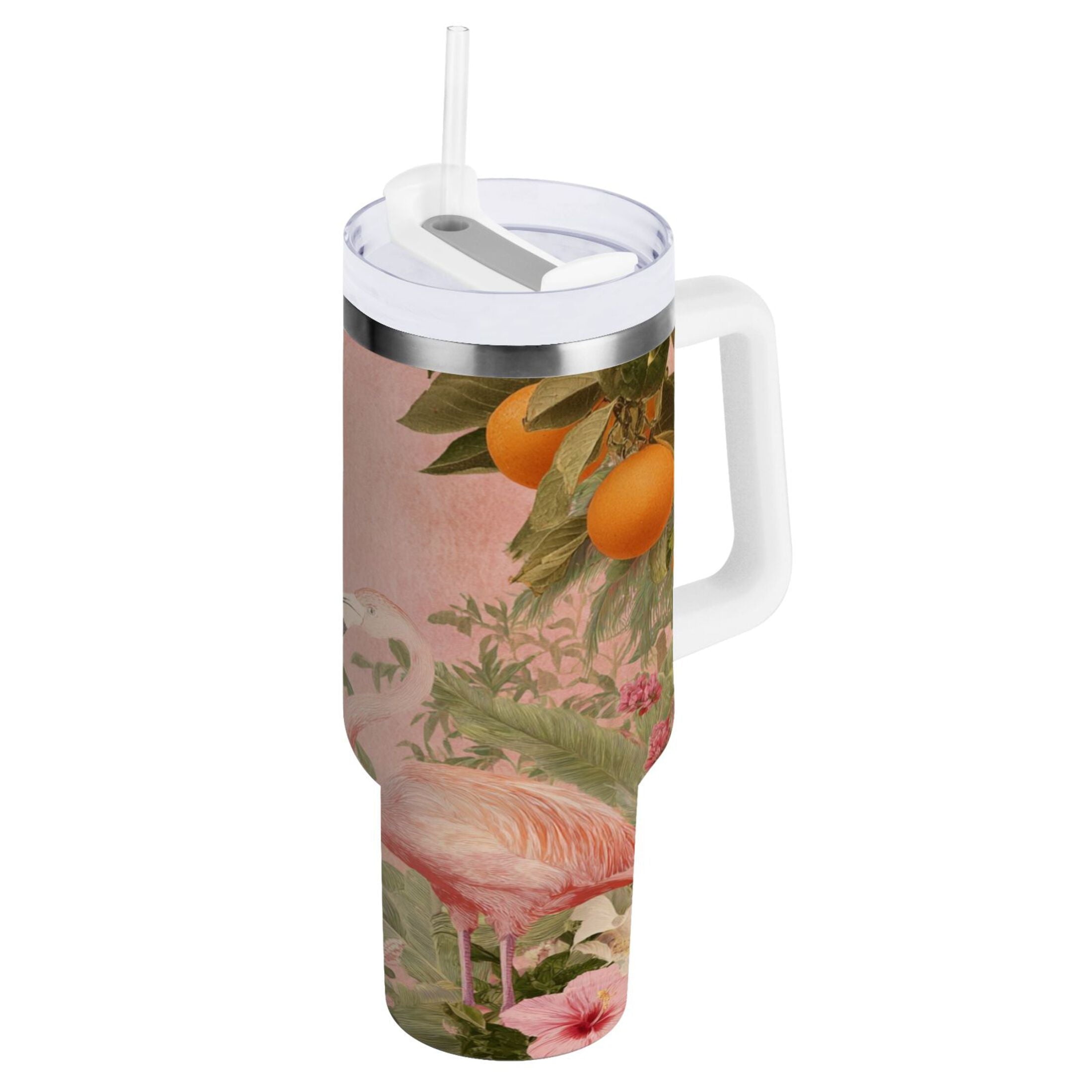 40 oz Insulated Stainless Steel Tumbler Double Wall Stainless Steel Tumbler with 2-Way Drinking Flamingos in Tropical Garden M666D