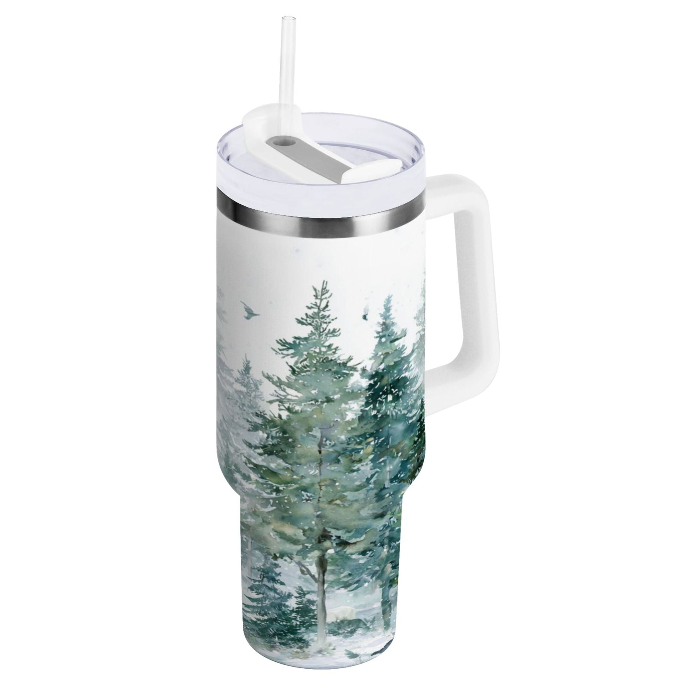 30 oz Insulated Stainless Steel Tumbler Double Wall Stainless Steel Tumbler with 2-Way Drinking Green Snowy Forest Scene M455F