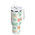 40 oz Insulated Stainless Steel Tumbler Double Wall Stainless Steel Tumbler with 2-Way Drinking Green and Peach Bow Pattern M544Y