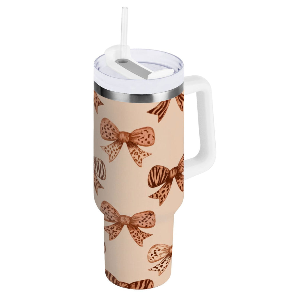 40 oz Insulated Stainless Steel Tumbler Double Wall Stainless Steel Tumbler with 2-Way Drinking Leopard Print Bow M550A