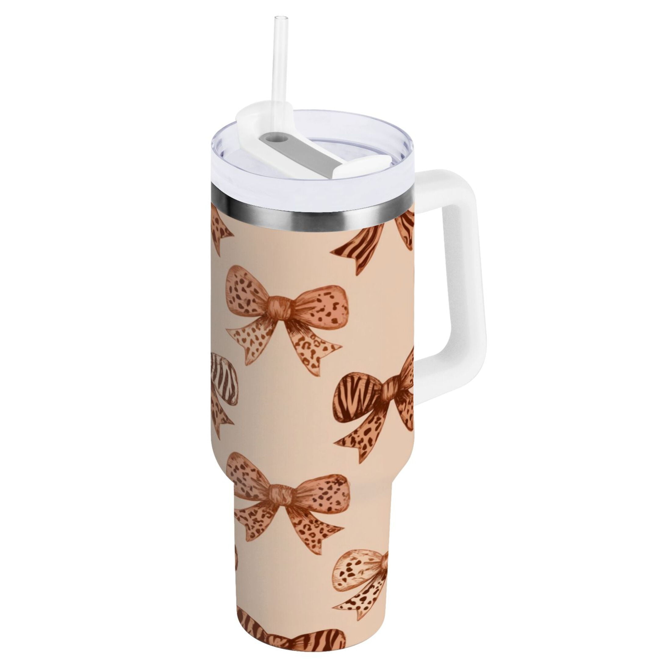 40 oz Insulated Stainless Steel Tumbler Double Wall Stainless Steel Tumbler with 2-Way Drinking Leopard Print Bow M550A
